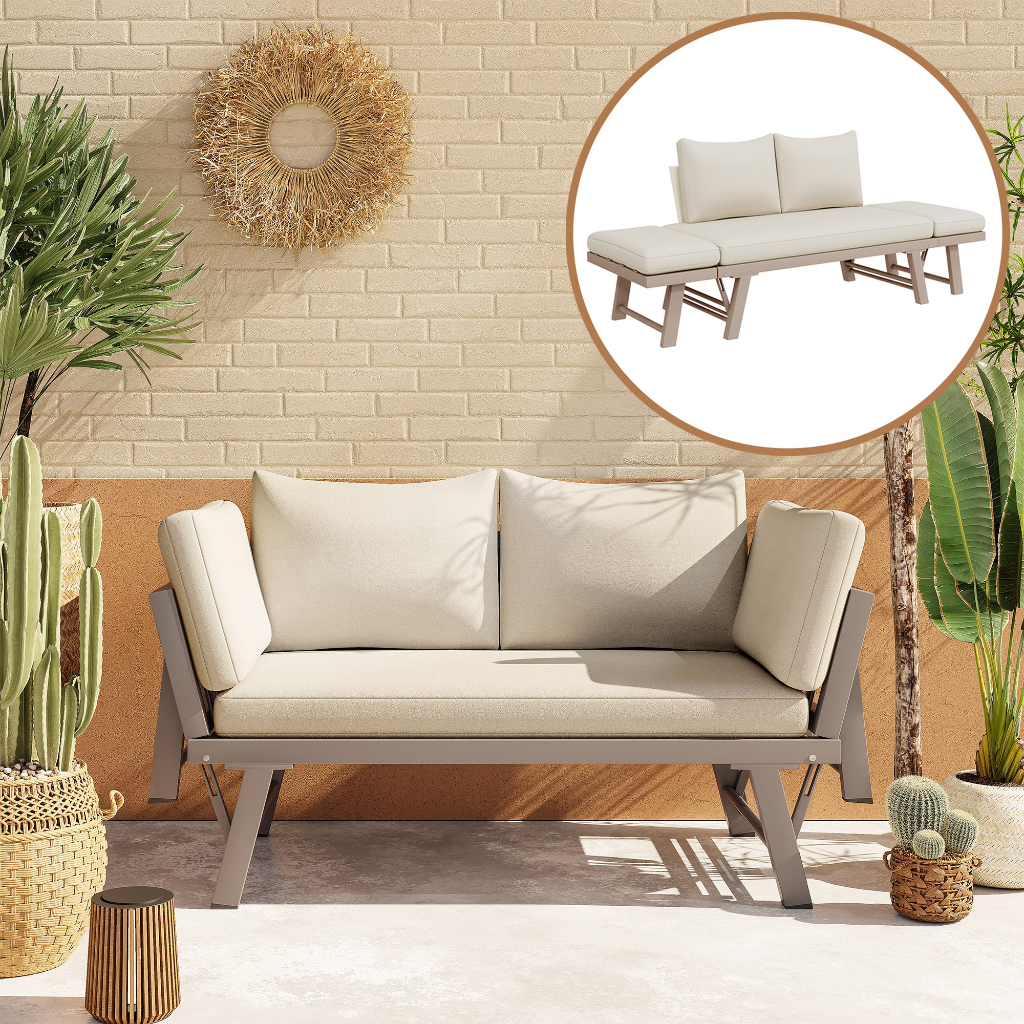 2-Seater Garden Sofa Set with Reclining Function, Sun Lounger, Cushions, and Folding Armrests, Beige PE Rattan