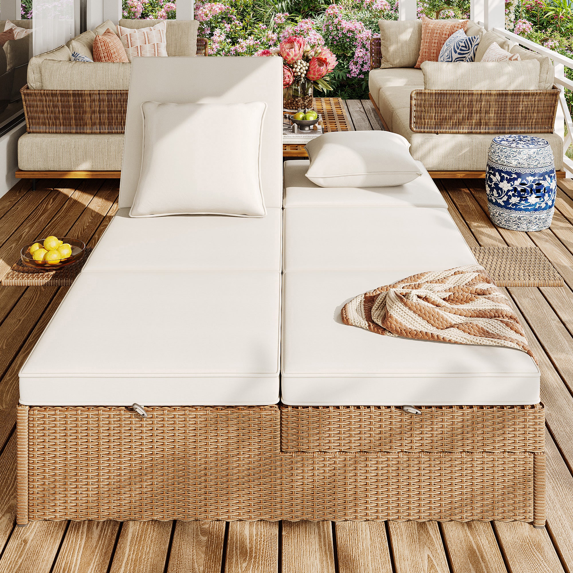 Outdoor Rattan Double Lounger - Foldable Weatherproof with Cushions - White
