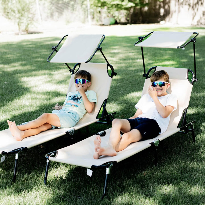Set of 2 Folding Sun Loungers Sunshade 5-Pos. Adjustable Backrest - Brown