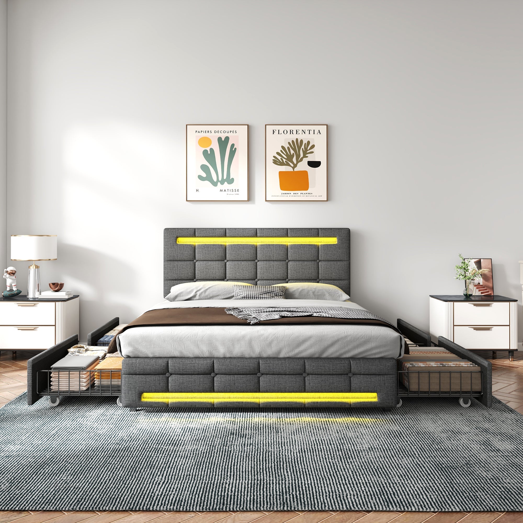 4ft6 Double Upholstered Bed with LED Lighting, Storage Drawers, Adjustable Button Tufted Headboard, Linen Fabric, Grey