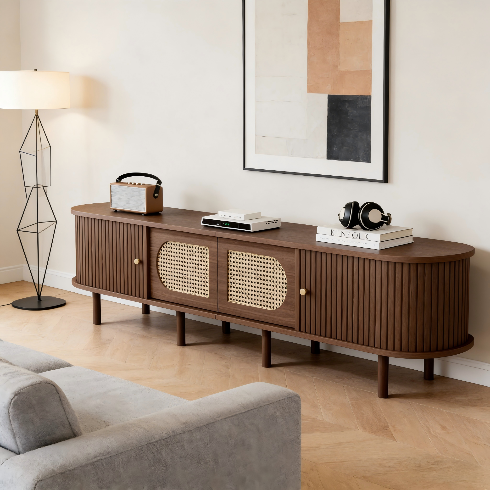 Oval TV Stand 180cm Rattan Design with 2 Sliding Doors Dark Walnut