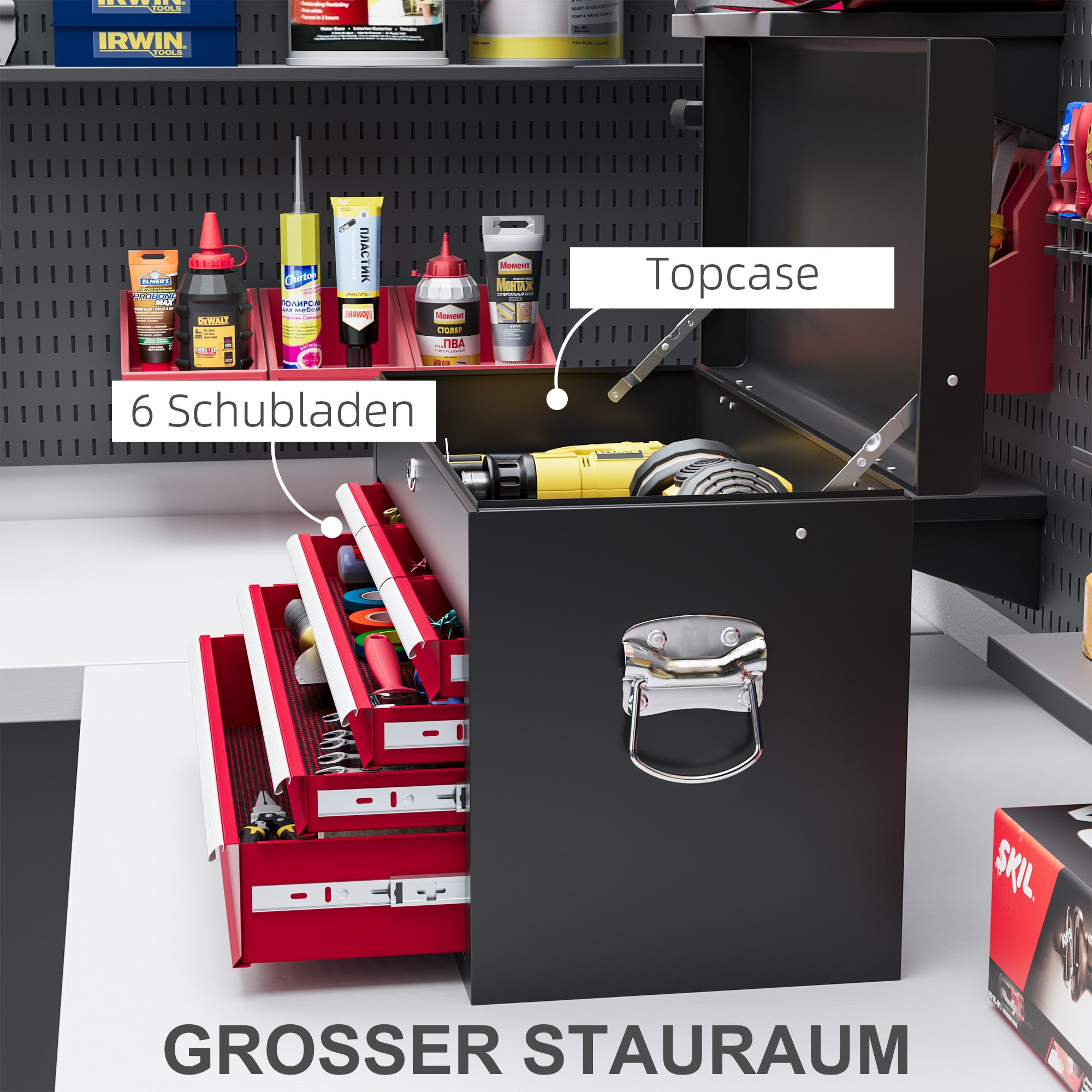 Tool box 6 drawers with lock and handle, steel red and black