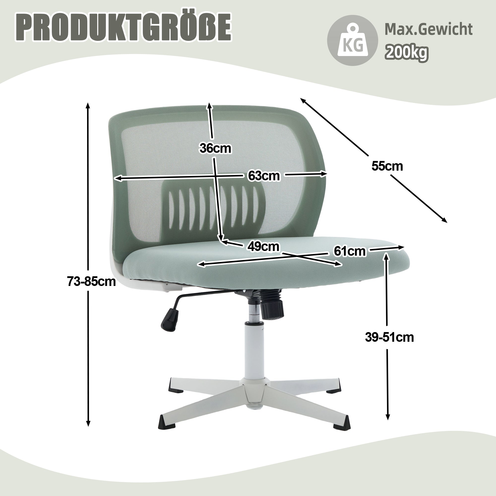 Armless office chairs, reading chairs with wide upholstery, rocking, height adjustable, 360° rotatable