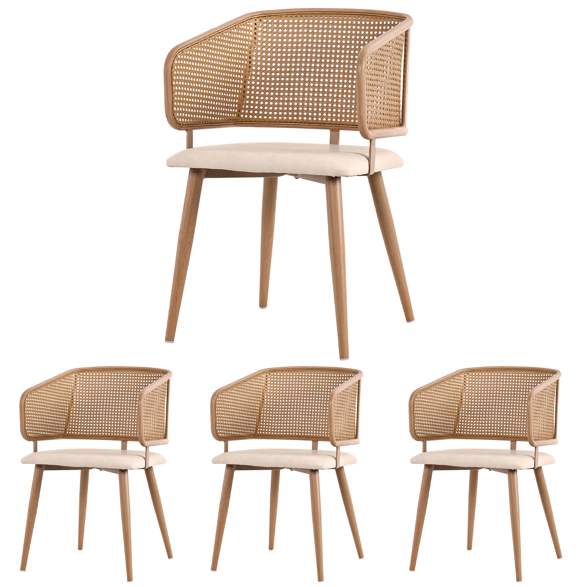 Dining Chairs Set of 4, Rattan Backrest PU Leather Seat, Modern Style