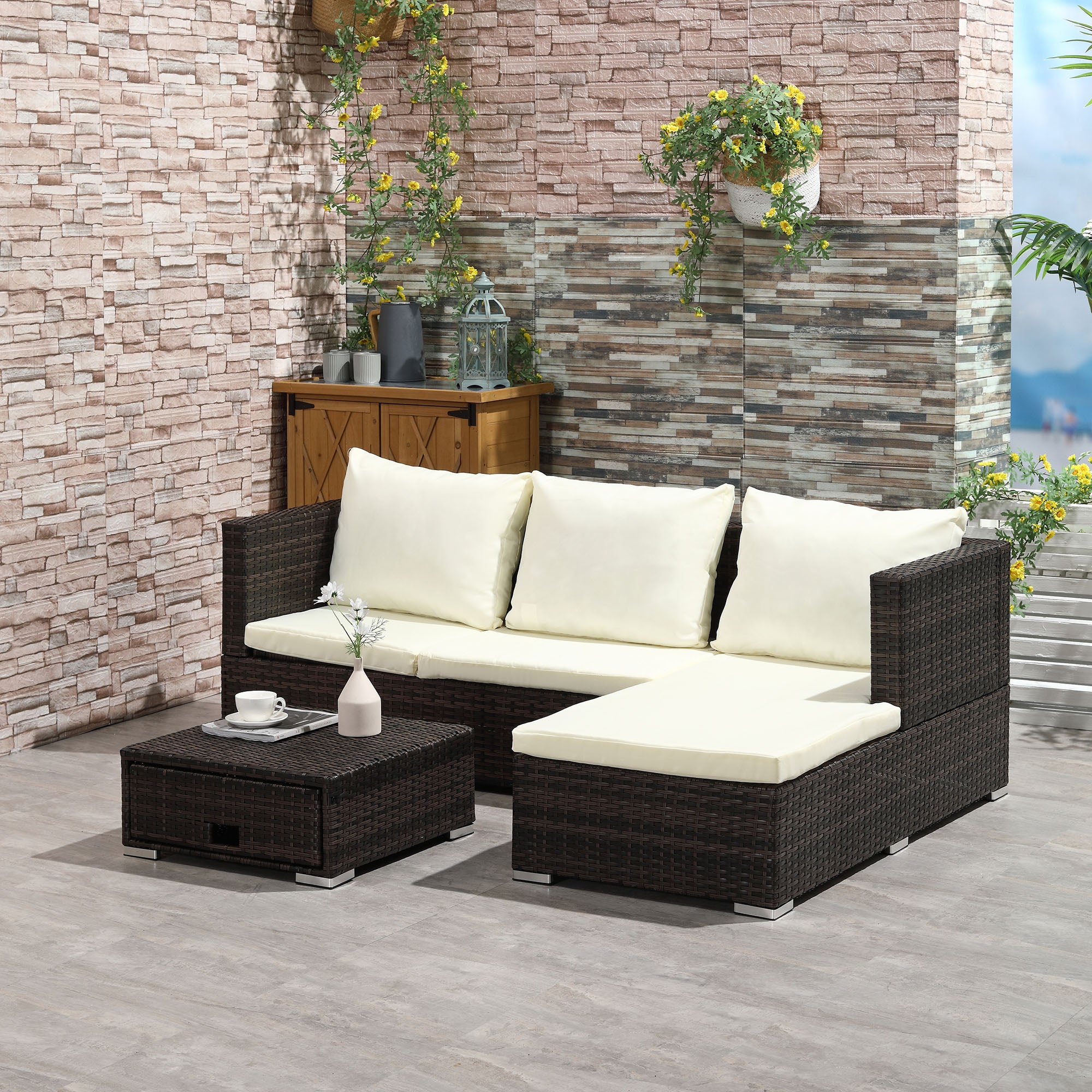 3 Pieces Garden Sofa Set, 4 Seater Corner Sofa with Reclining Sun Lounger & Storage Table, Brown Rattan
