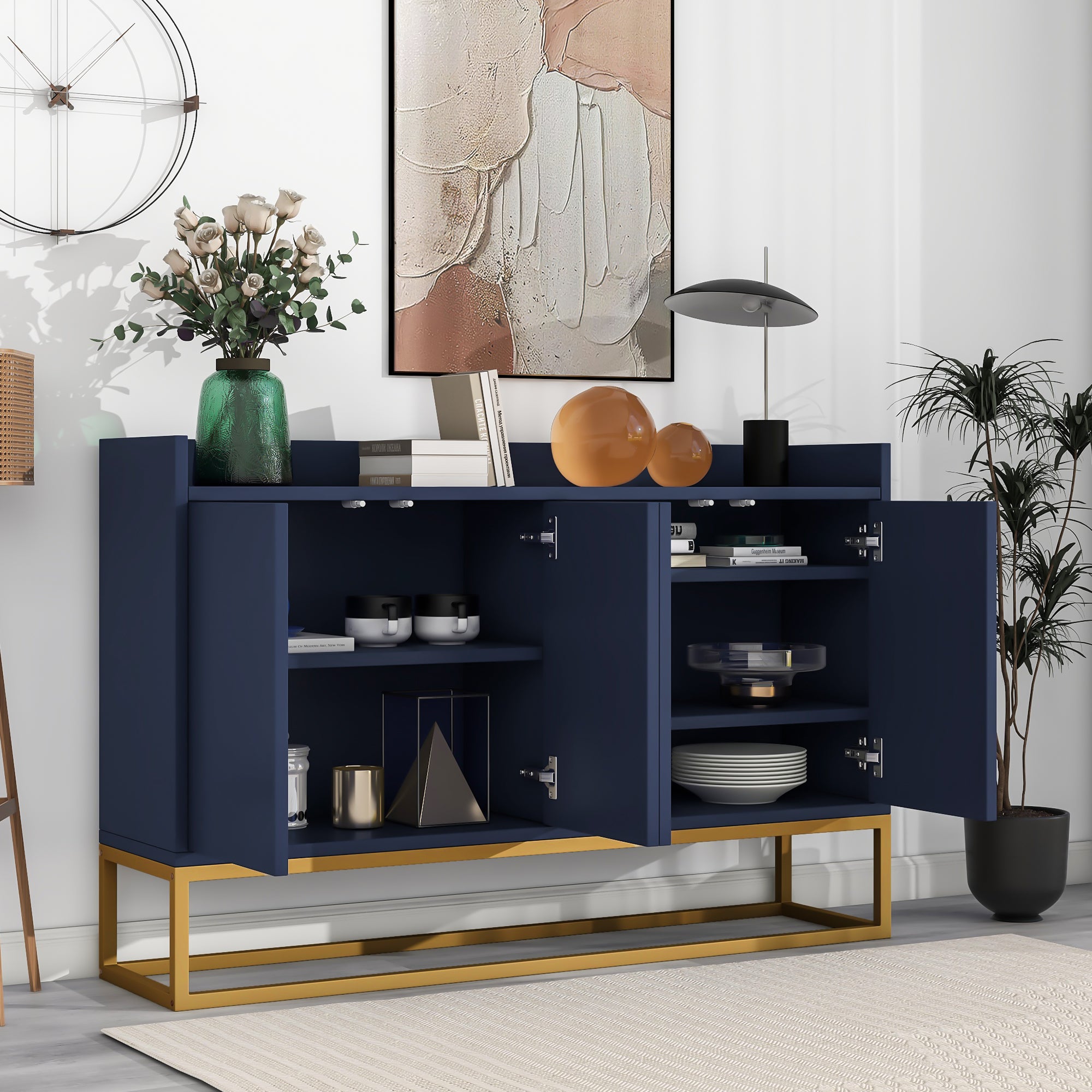 Sideboard, Modern Minimalist 4-Door Handleless Buffet, Navy Blue