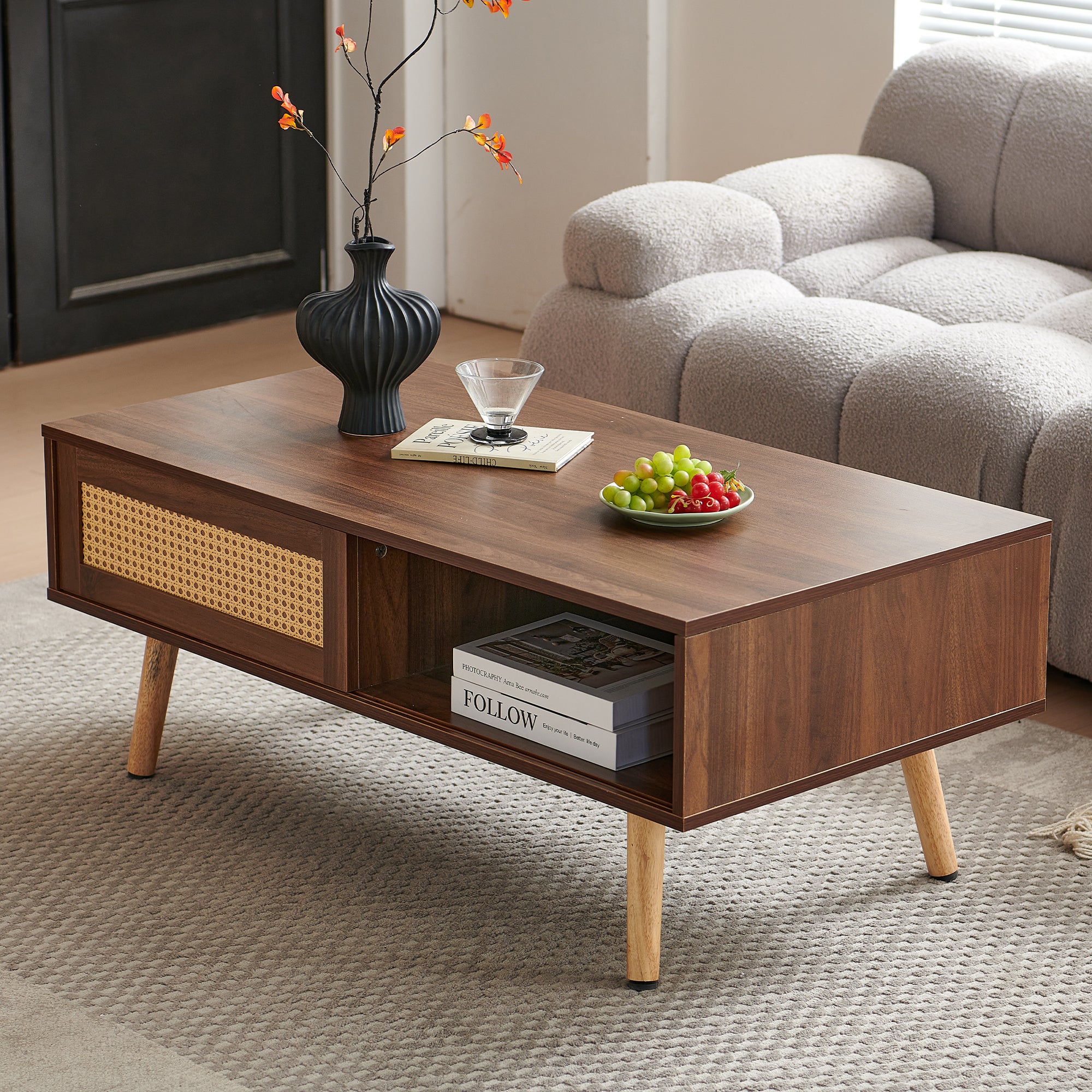 Wicker Coffee Table Sliding Doors Solid Wood Legs Dark Walnut Wood