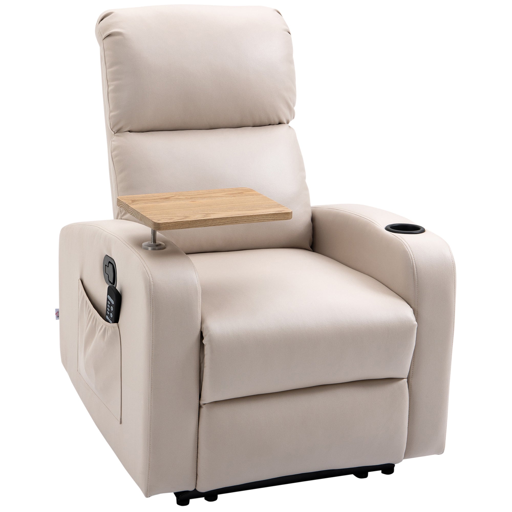 Reclining Armchair, Massage Swivel Table Remote Control, Microfiber Beige