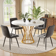 Dining Table Set 5-Piece Round 80cm White Marble Top Gold Legs Grey Velvet
