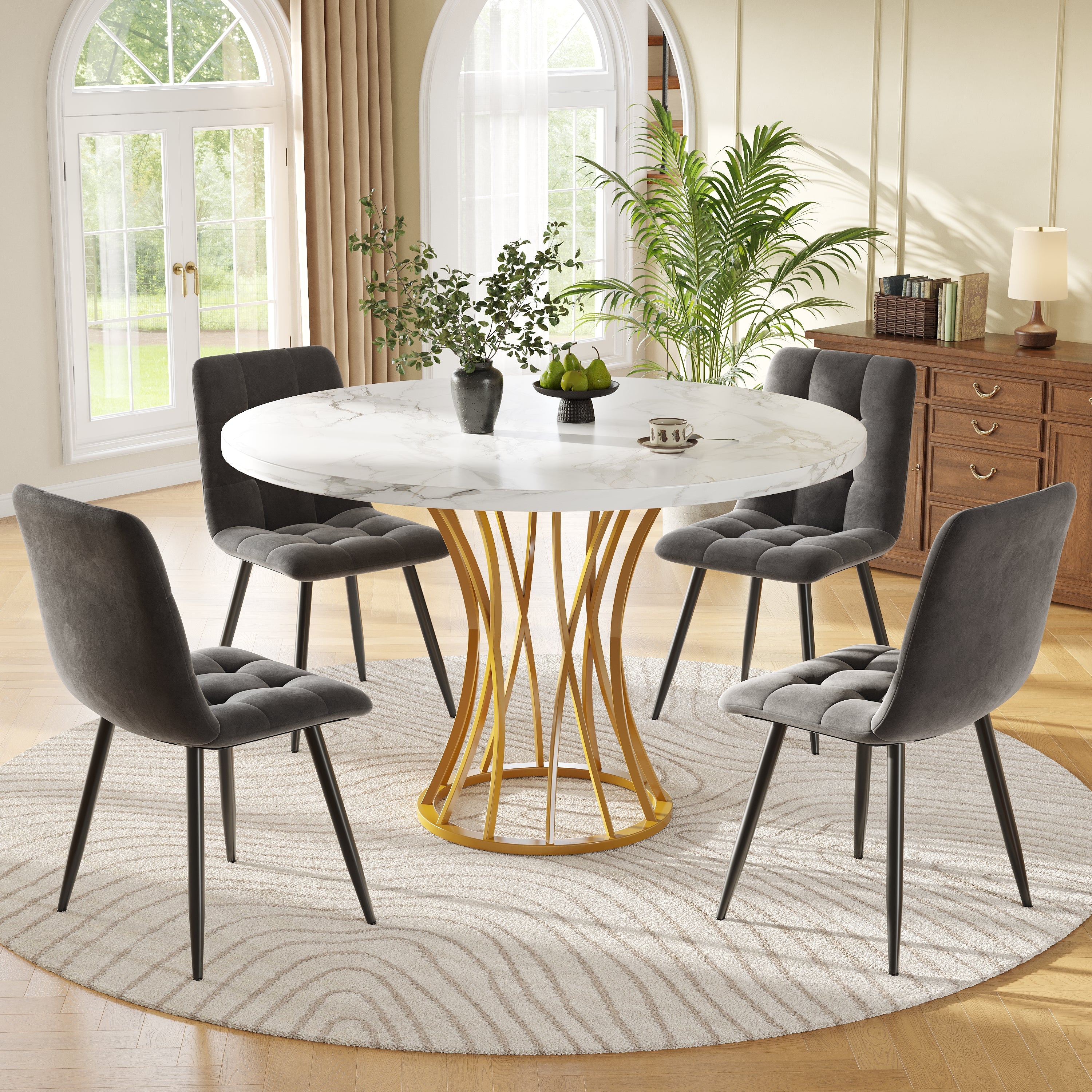 Dining Table Set 5-Piece Round 80cm White Marble Top Gold Legs Grey Velvet