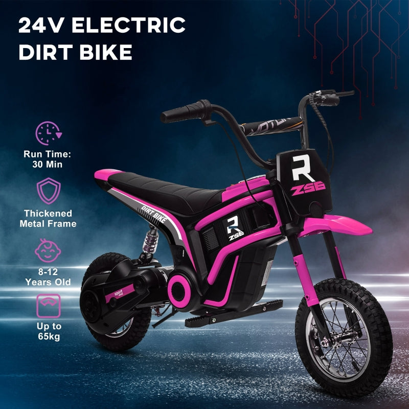 24V Electric Motorbike, Twist Grip Throttle, Music, Horn, 12" Pneumatic Tyres, 16km/h Max Speed - Pink