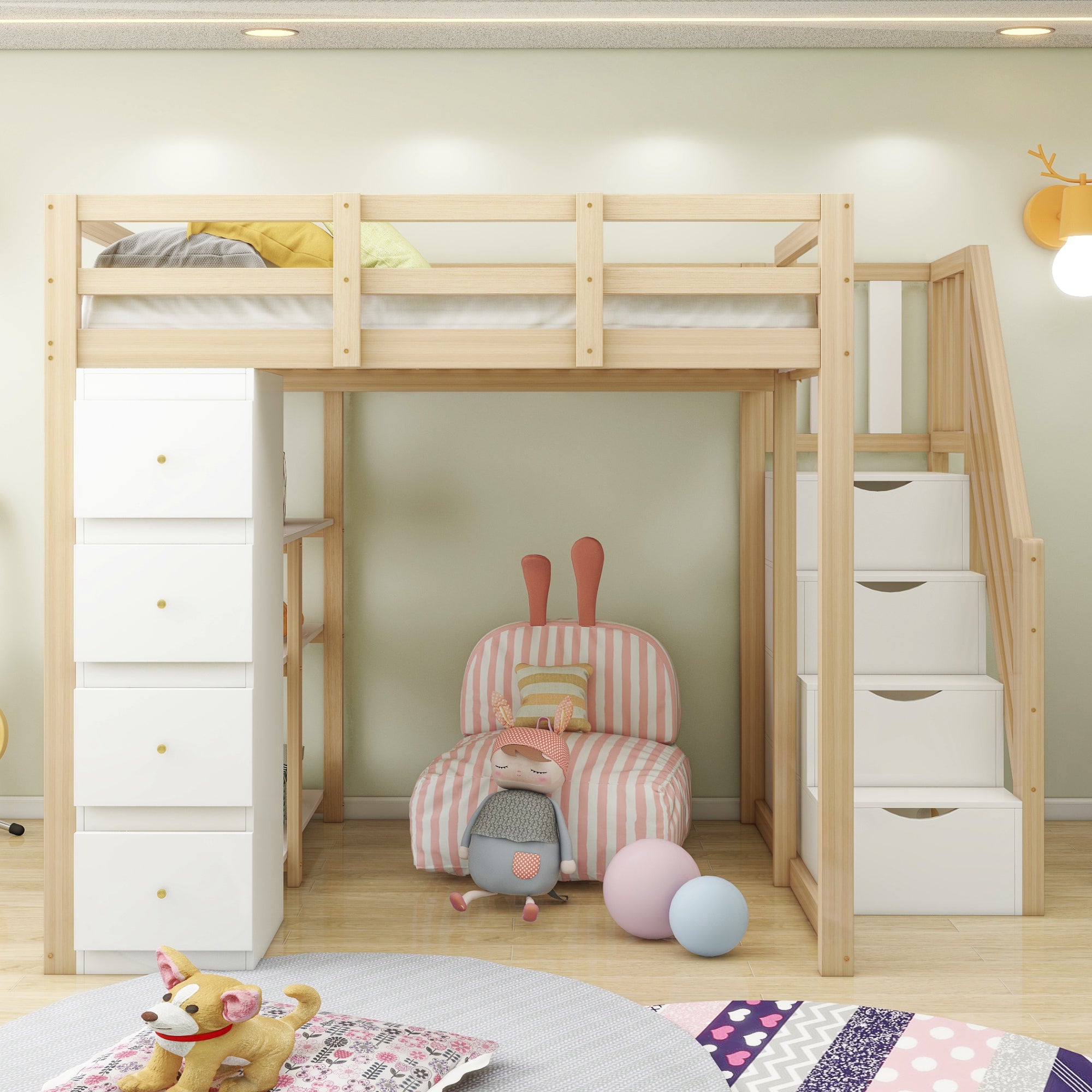 Loft Bed 140x200cm with Storage Drawers, Shelves, & Ladder, Solid Wood
