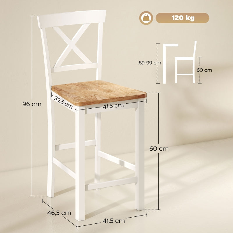 Bar Stools, Set of 2 with Backrest and Footrest, Rubberwood, Oak+White