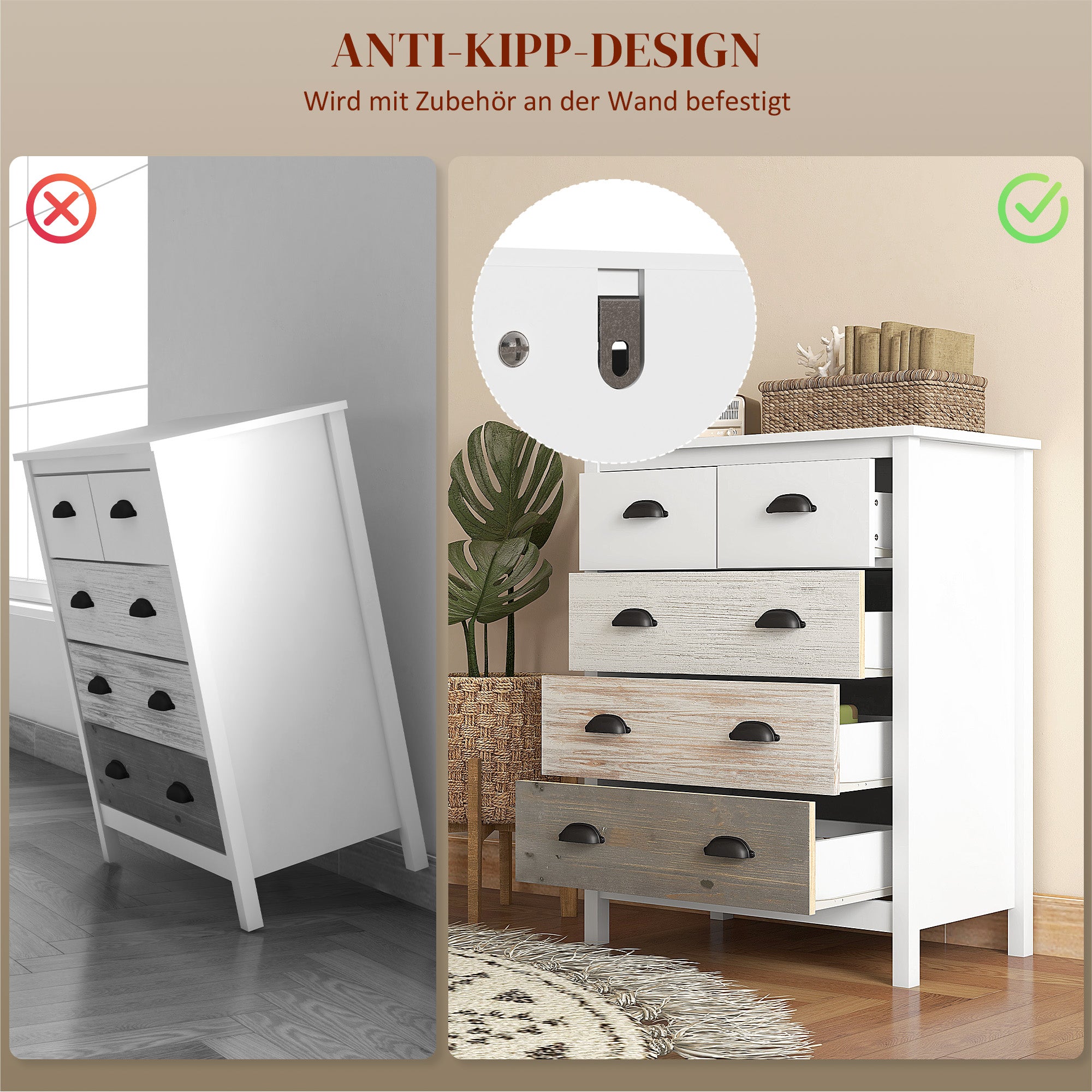 Chest of Drawers Storage Cabinet 5 Drawers Anti-Tip Device 70x38x85cm, White