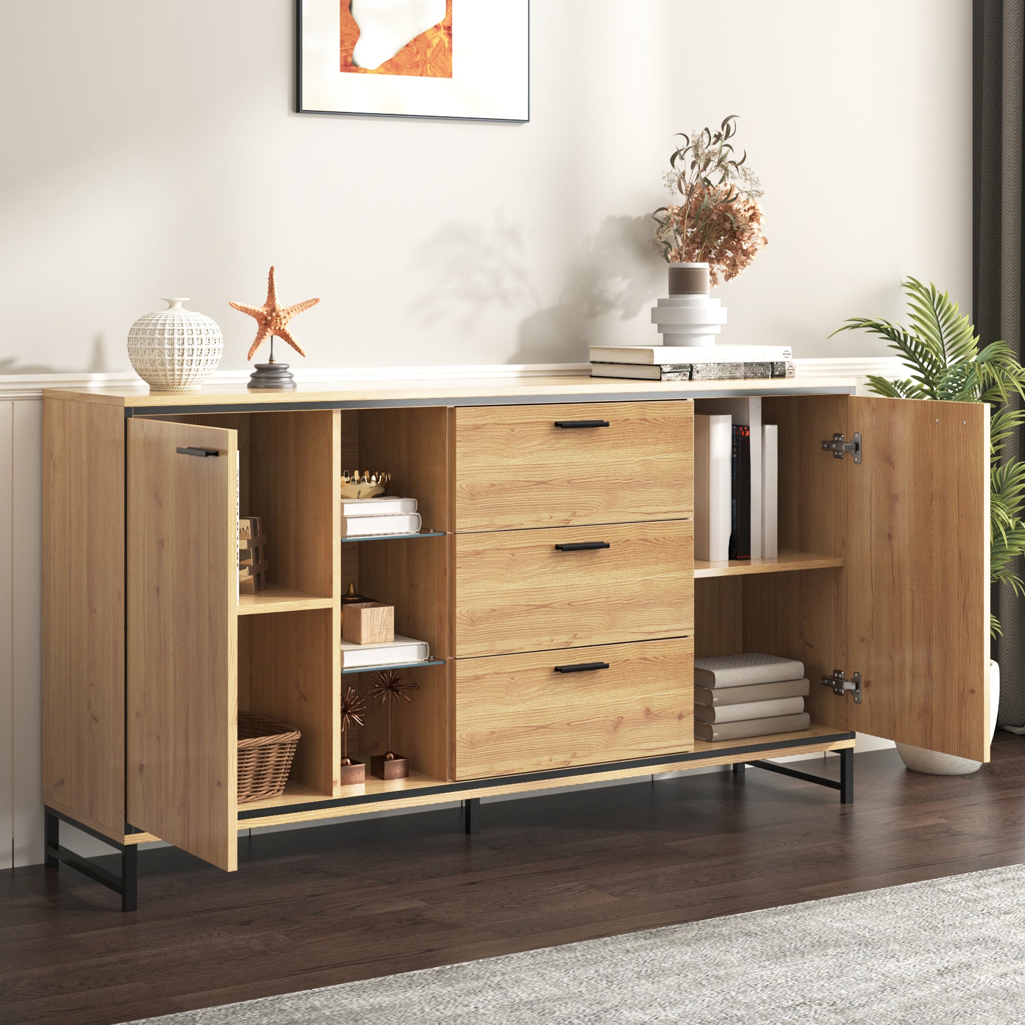 Sideboard with Three Drawers, Storage Compartments, Black and Wood Color