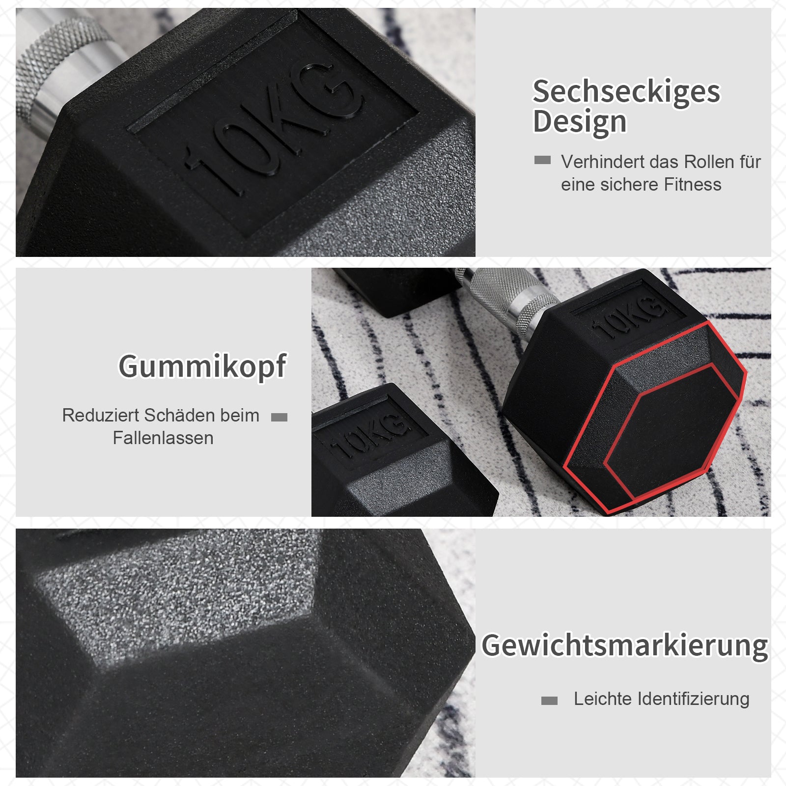 Hexagon Dumbbells Set of 2, 2x10kg Cast Iron, Rubber Coating, Black