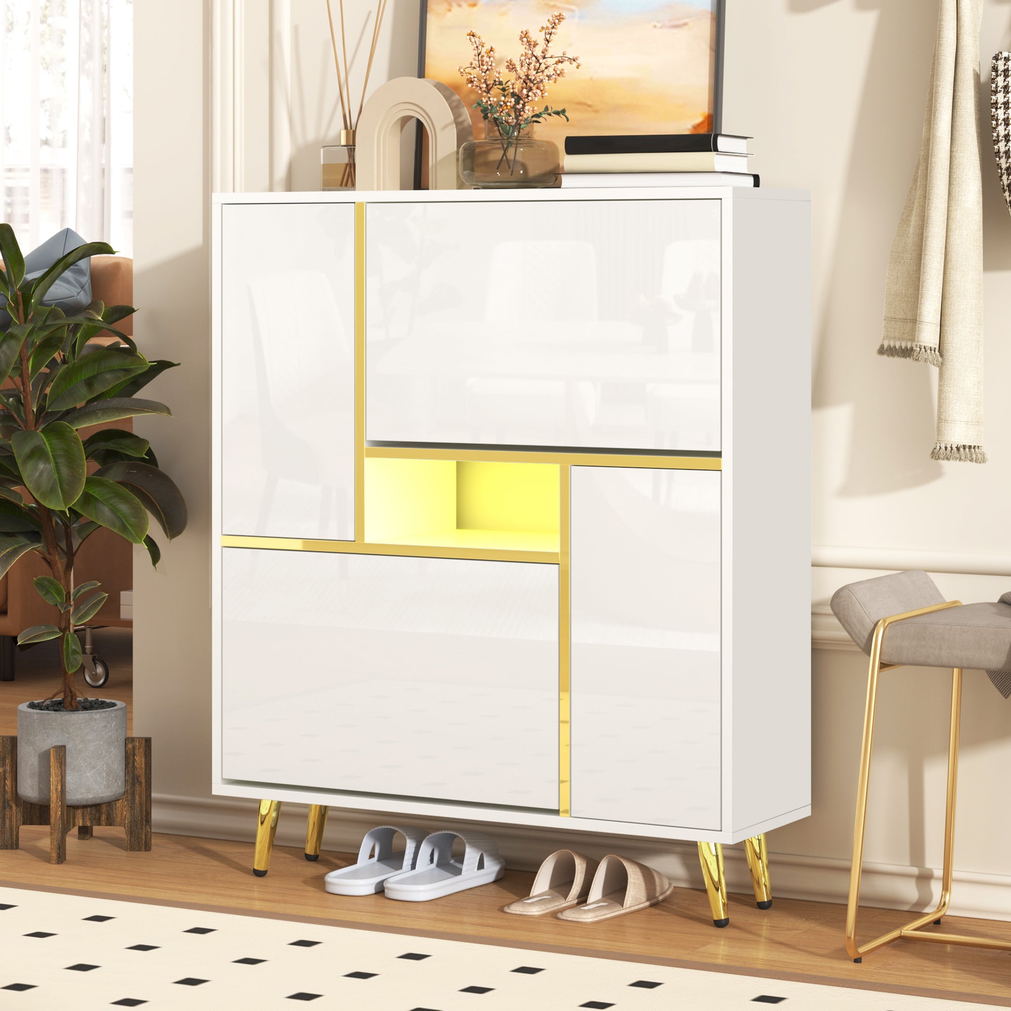 Modern Shoe Cabinet with 16-Color LED Light, White High-Gloss