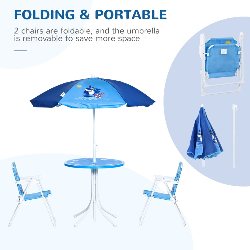 Kids Outdoor Bistro Table and Chair Set, Folding Shark Design Sun Umbrella, Blue