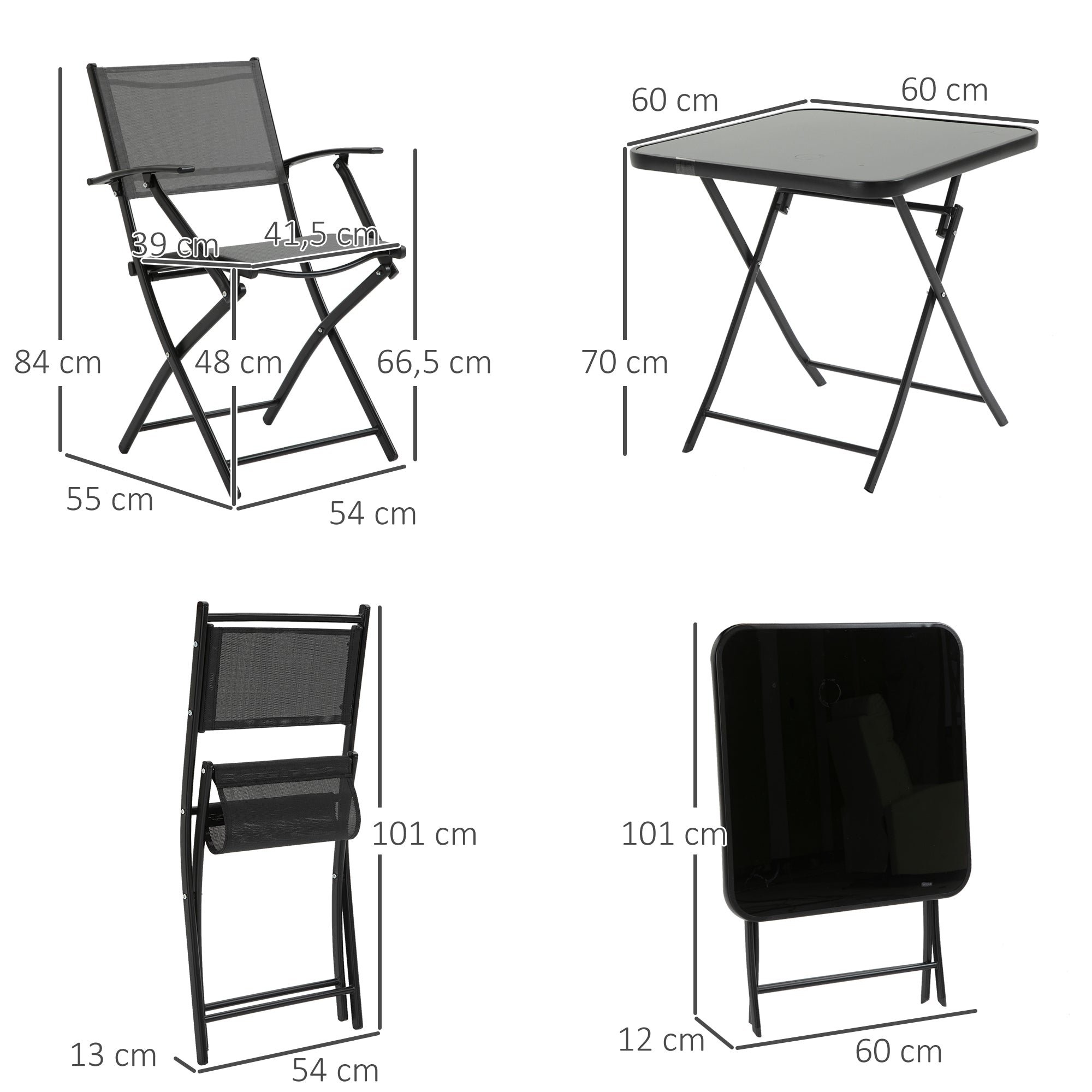Folding Balcony Set, 2-Person Table & Chairs, Metal Mesh, Black & Grey