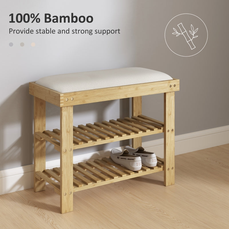 Bamboo Shoe Storage Bench, 3-Tier with Seat Cushion, Cream White