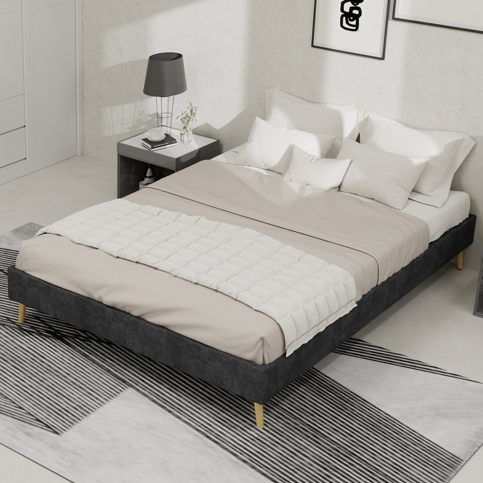 Modern Minimalist Bed Frame, 140x200 cm Low-Profile Base, Dutch Velvet Grey
