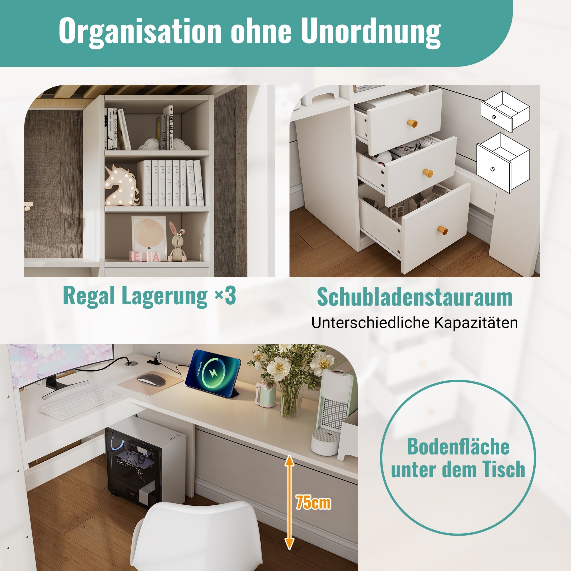 Children's Loft Bed with L-shaped Desk, Shelves, Drawers, USB/Type-C Charging Area, White