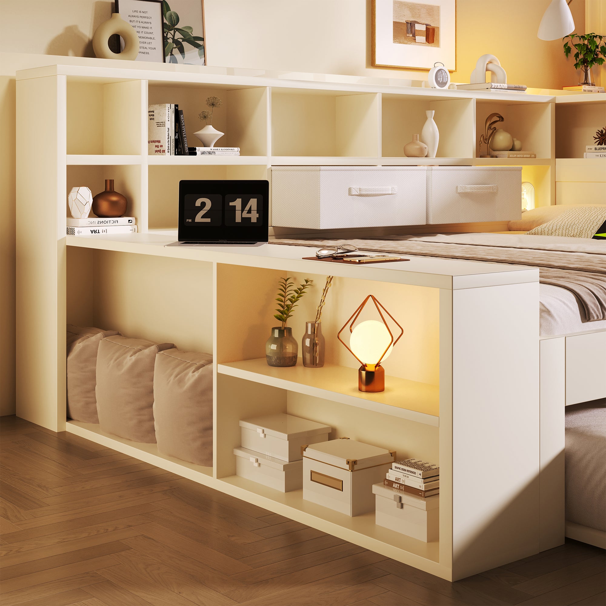 Single Bed 90x190 Pull-out Bed Storage USB/Type-C Charging White Wood