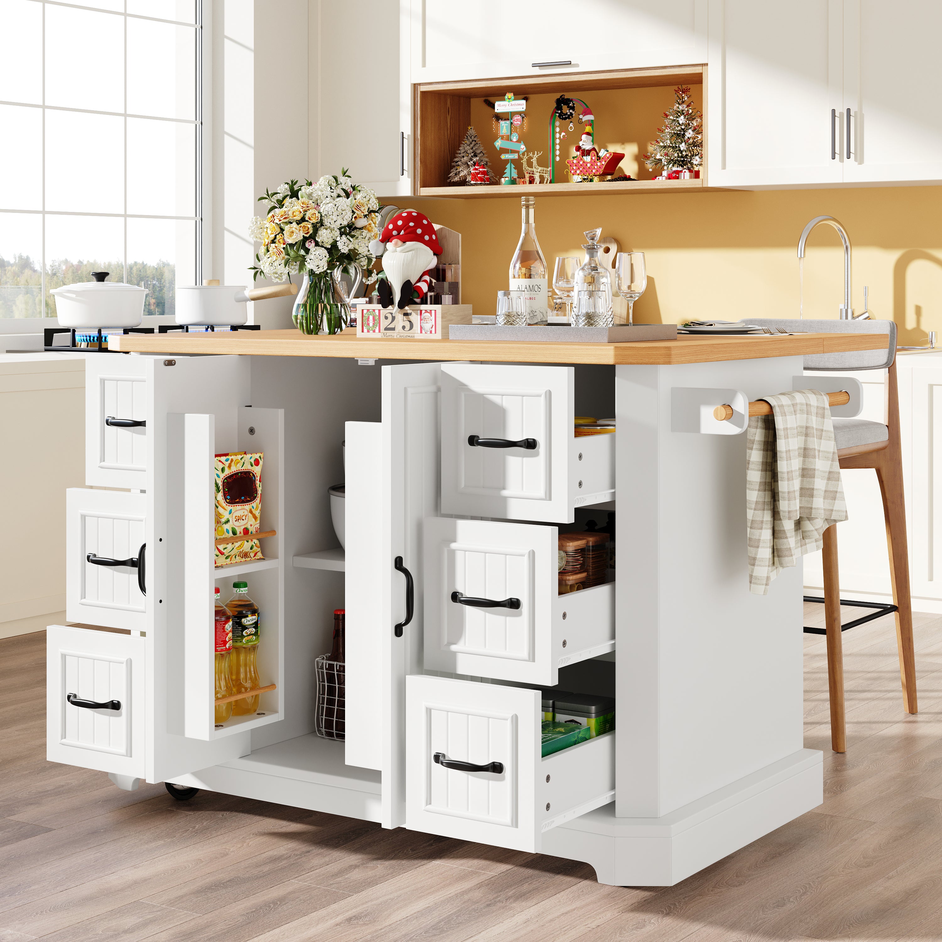 Mobile Kitchen Island with 2 Doors and 6 Drawers, White and Black