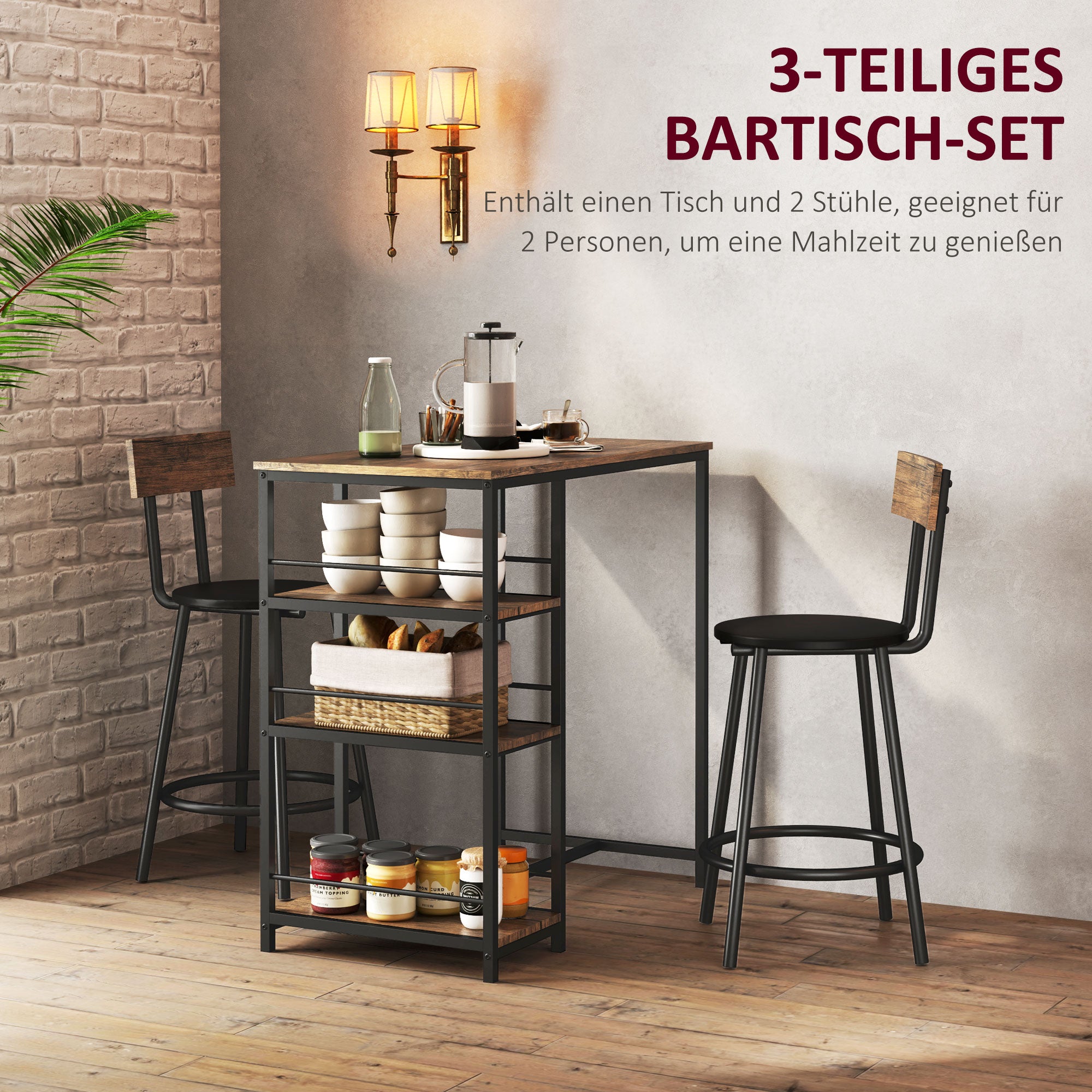 Bar Table with Bar Stool Set, 3-Piece, 3 Shelves, 2 Stools, Modern Style, Steel/Oak