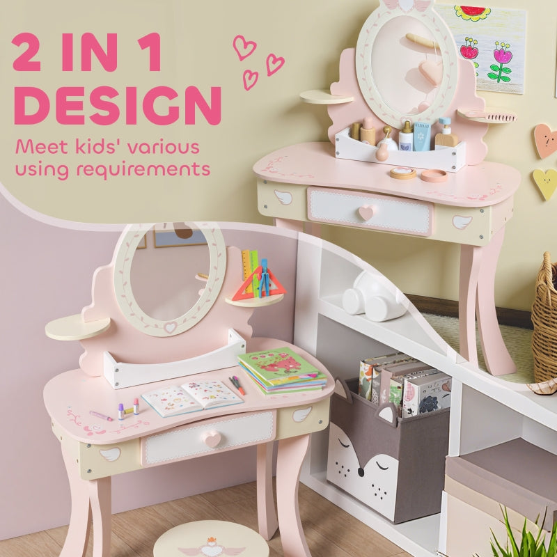 Kids Dressing Table Vanity Set with Mirror Stool Drawer Storage Pink