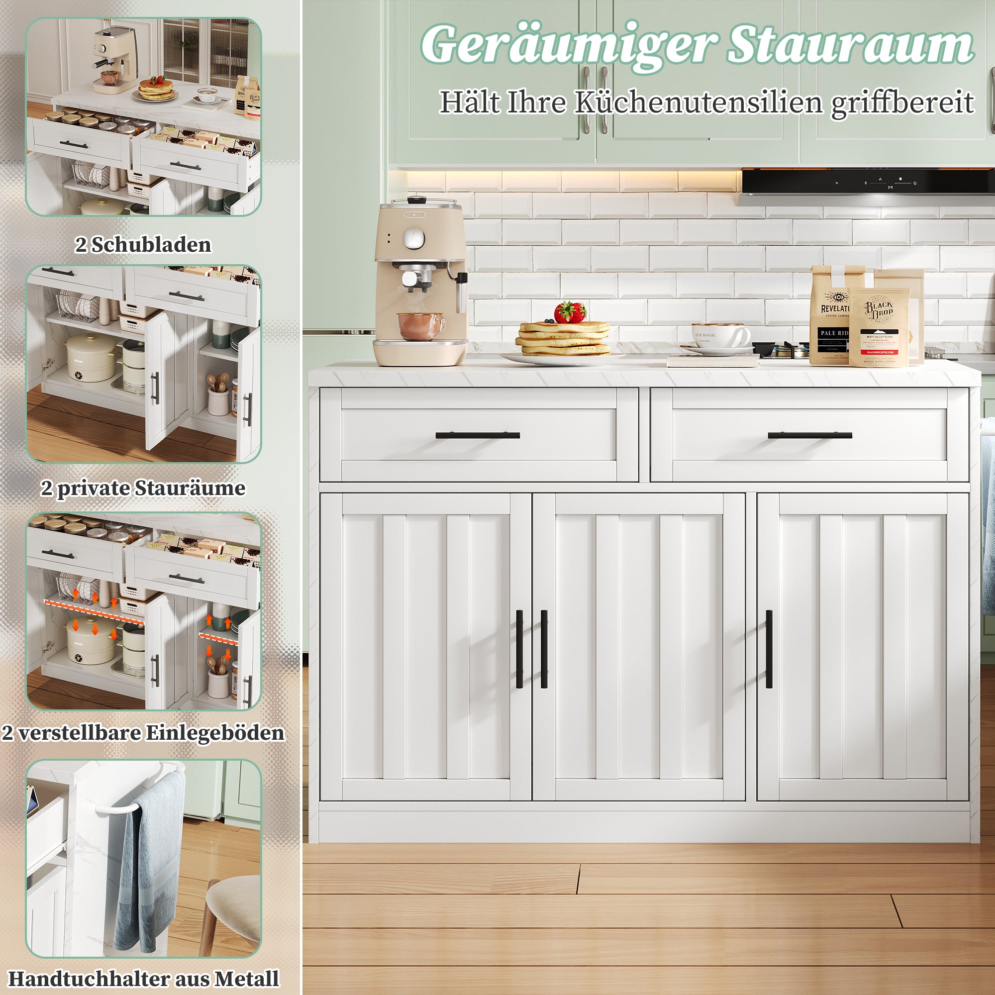 Kitchen Island with Power Outlets USB Adjustable Shelves, White