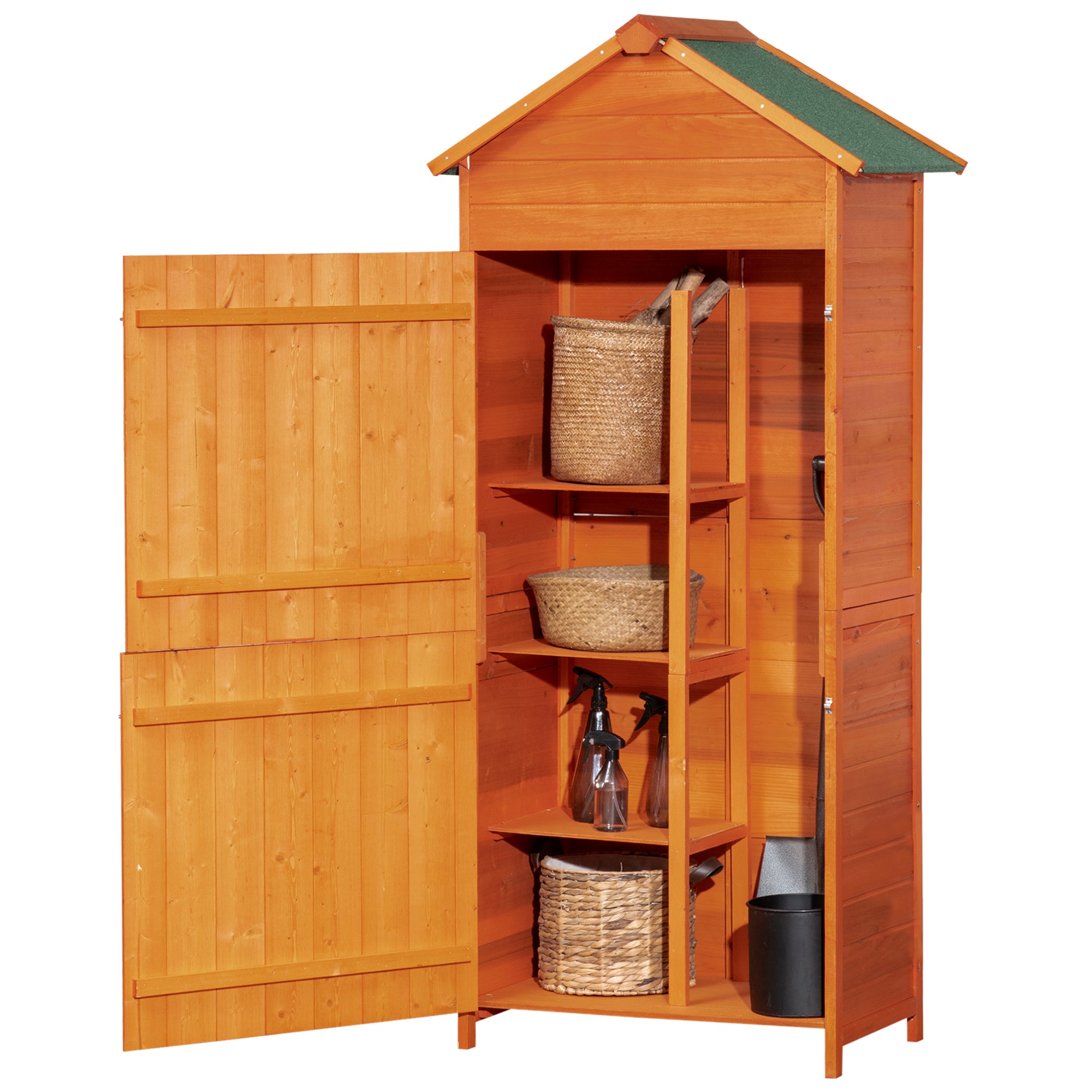Wooden Outdoor Storage Shed, Compact Lockable Tool Shed with Shelves, Orange