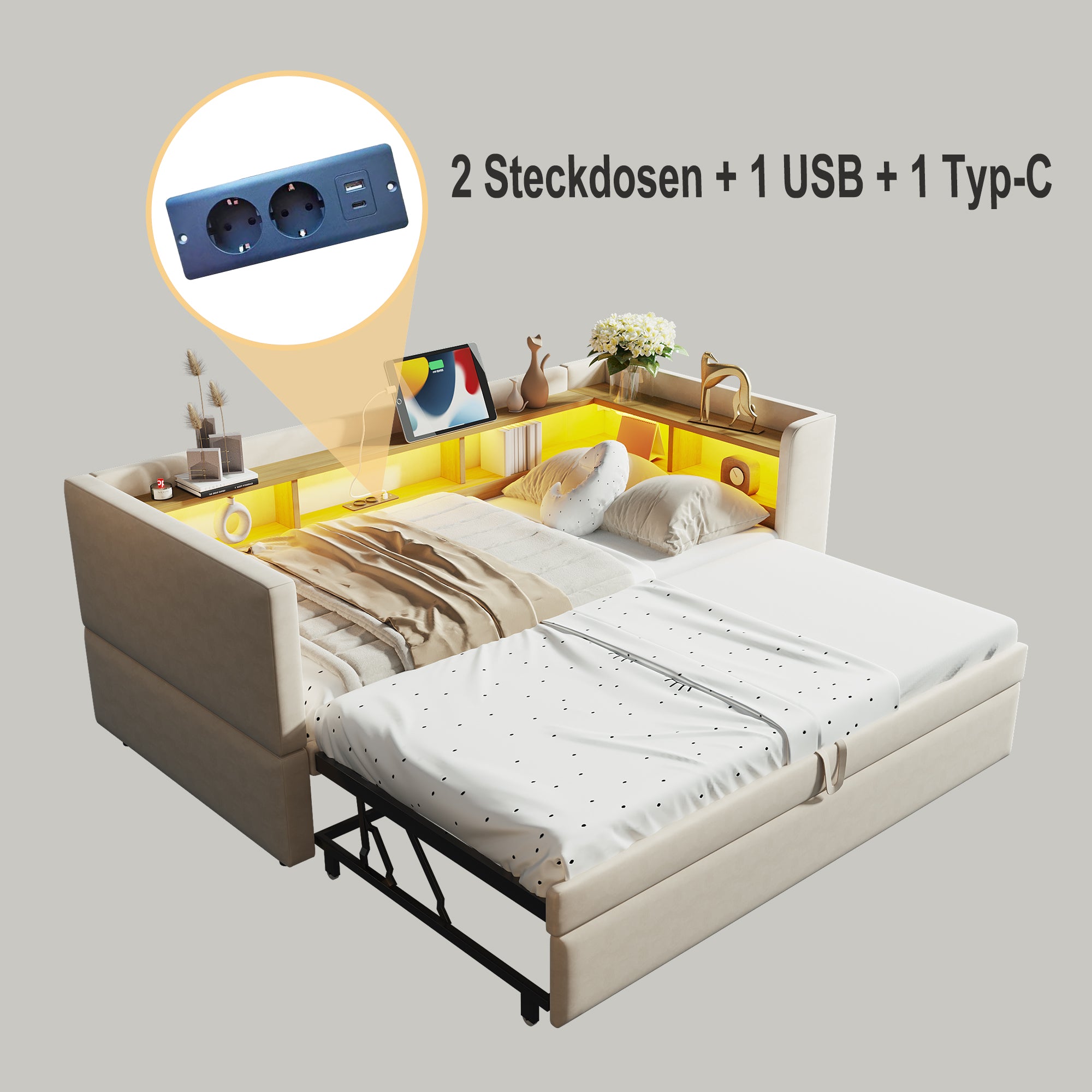 Upholstered Bed, Pull-Out Sofa Bed 90/180*190cm with LED Lights, Sockets & Storage - Beige