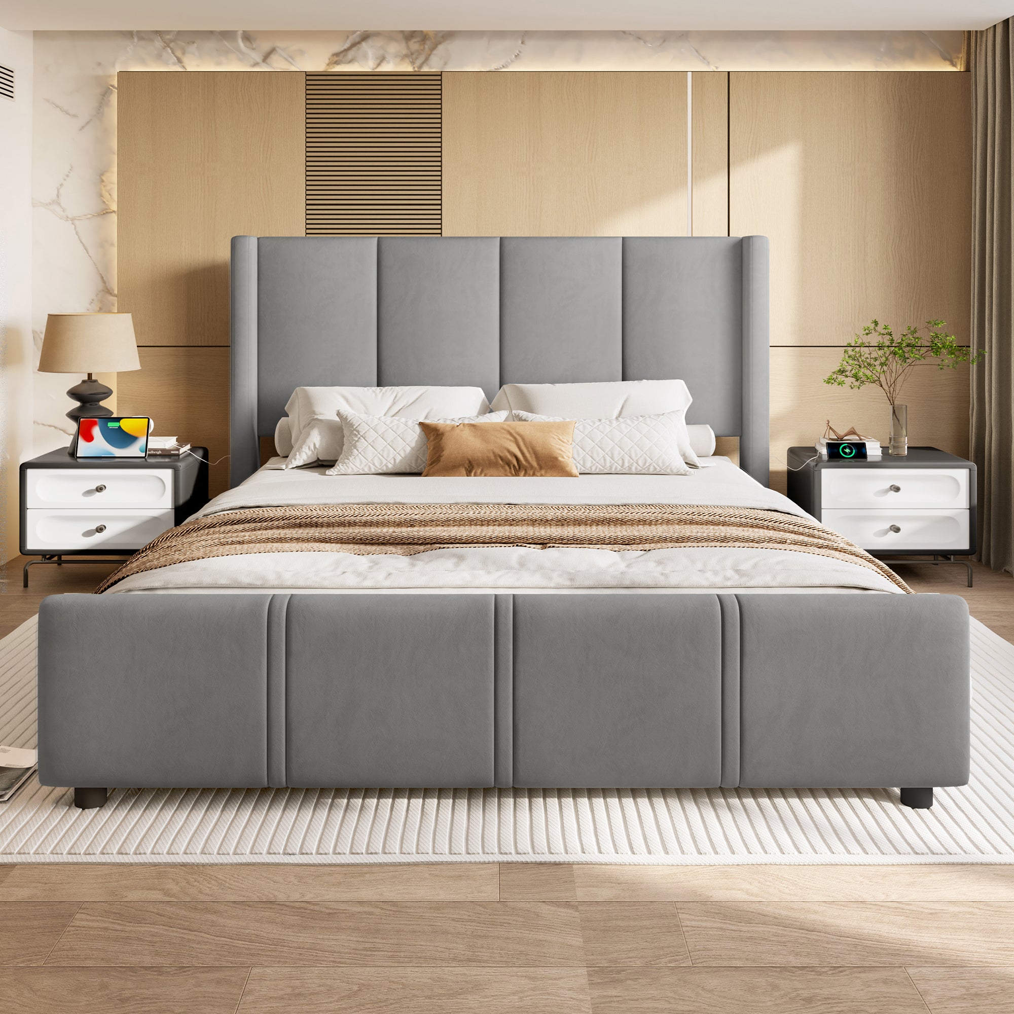 Upholstered Bed Frame, 140x200cm Modern with USB Port, Grey