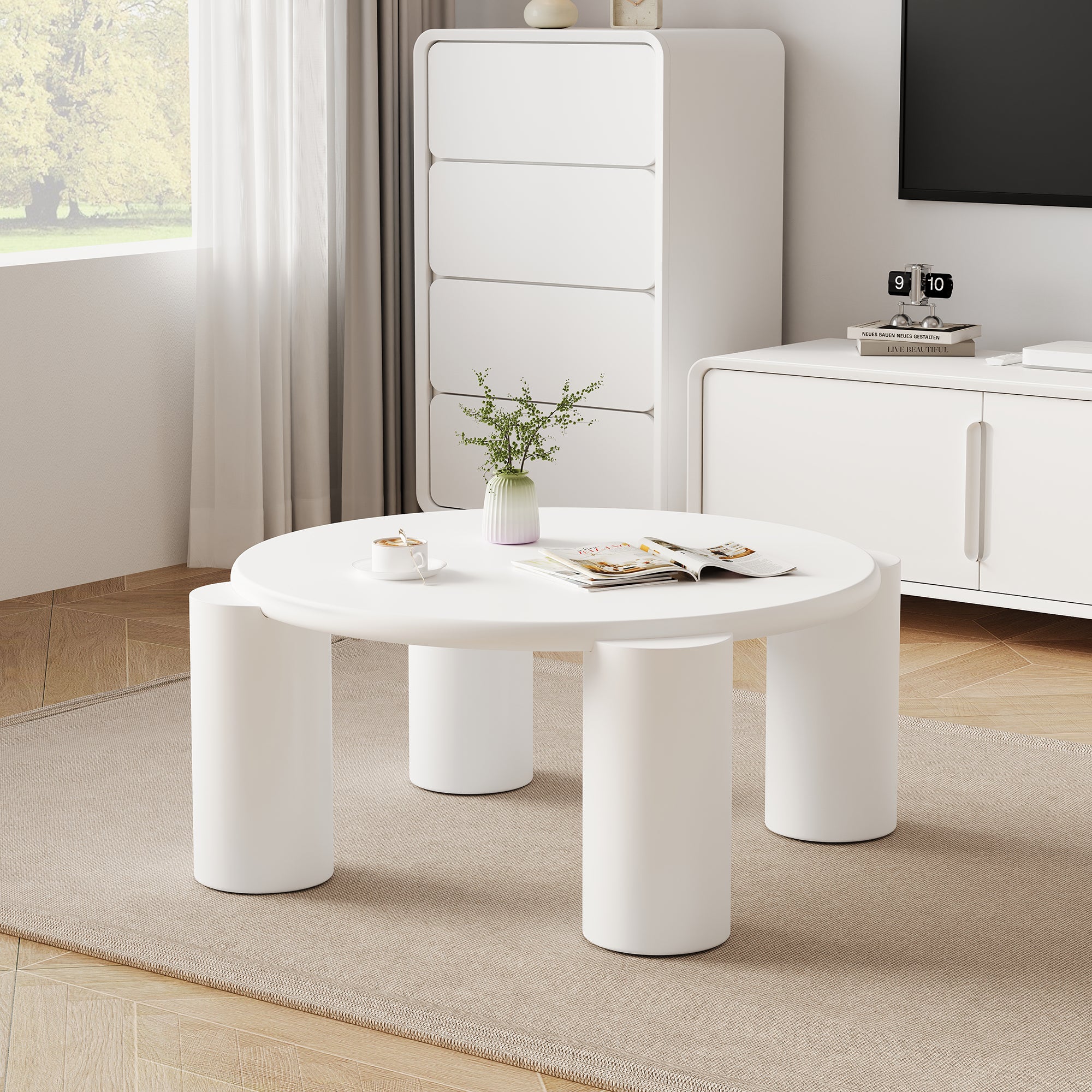 White Cloud Coffee Table, Modern Round Edge with 4 Sturdy Support Legs, Small, White