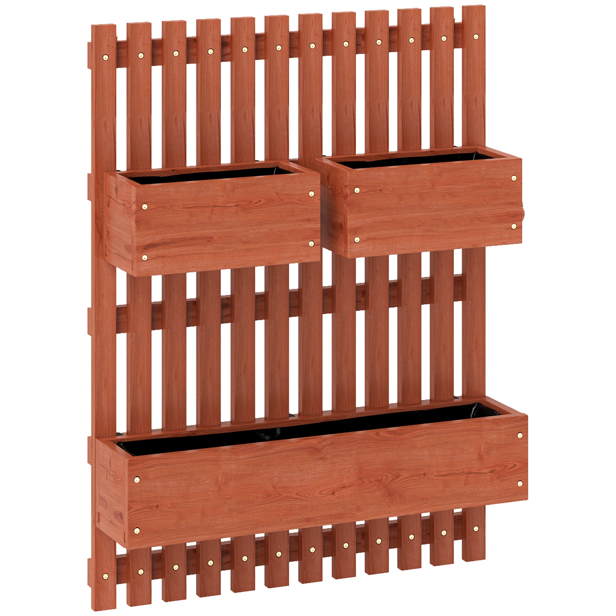 Wall-mounted Garden Planters, Trellis, Drainage Holes, 3 Planter Boxes - Wooden Brown