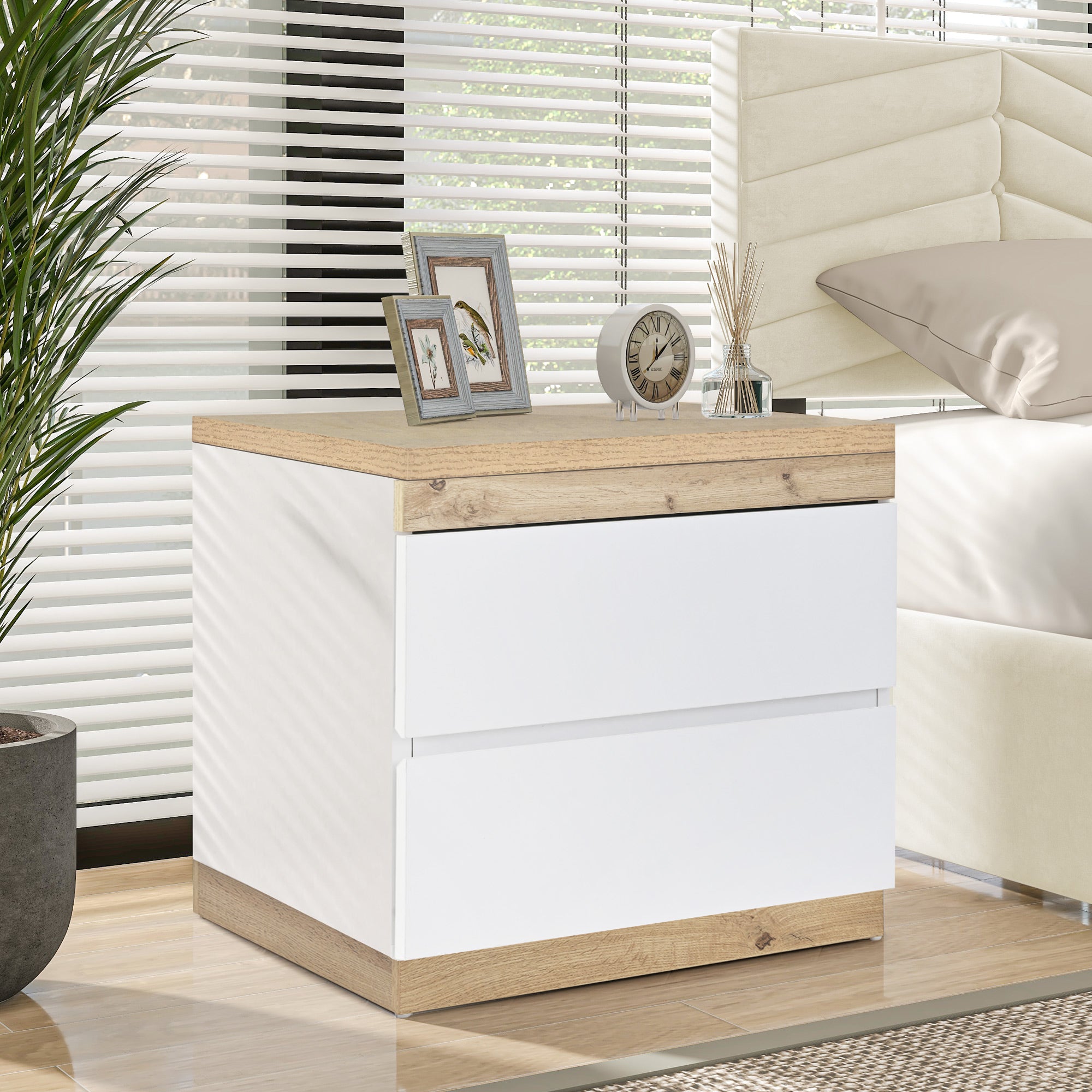 Nightstand 2 Drawers Storage - White/Oak E1 Chipboard