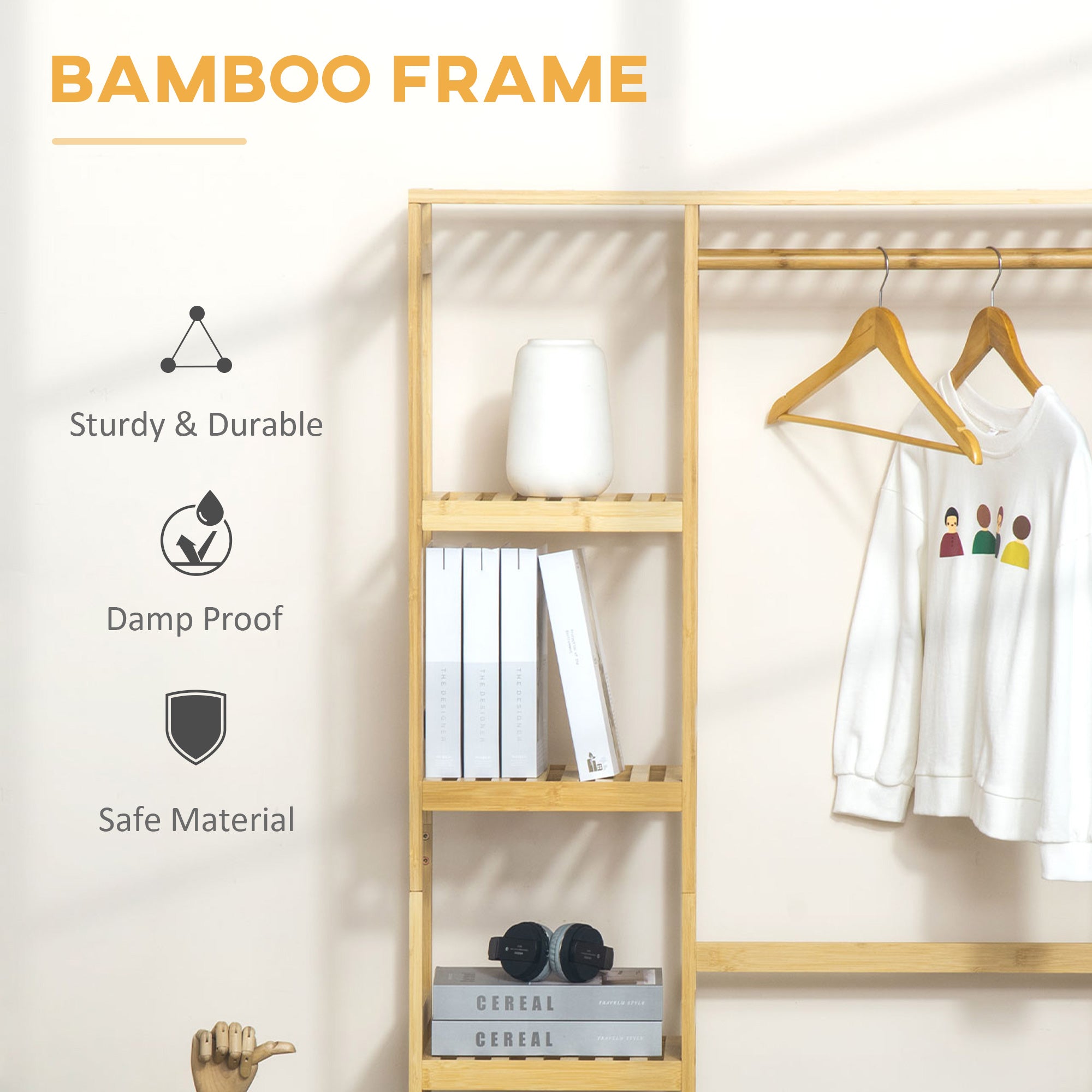 Bamboo Garment Rack Clothes Rack with Storage Shelf, Hanging Rail, and Side Hooks, Natural