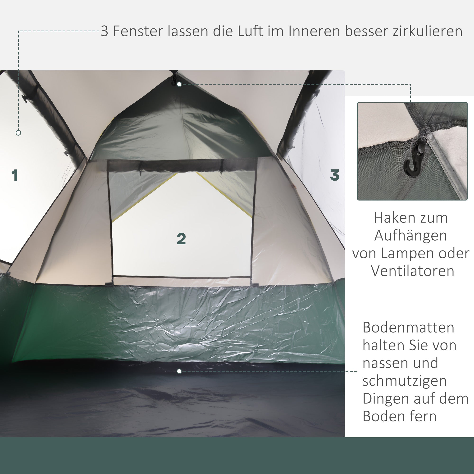 Dome Tent 3-Person 205x195x135cm Polyester, Green