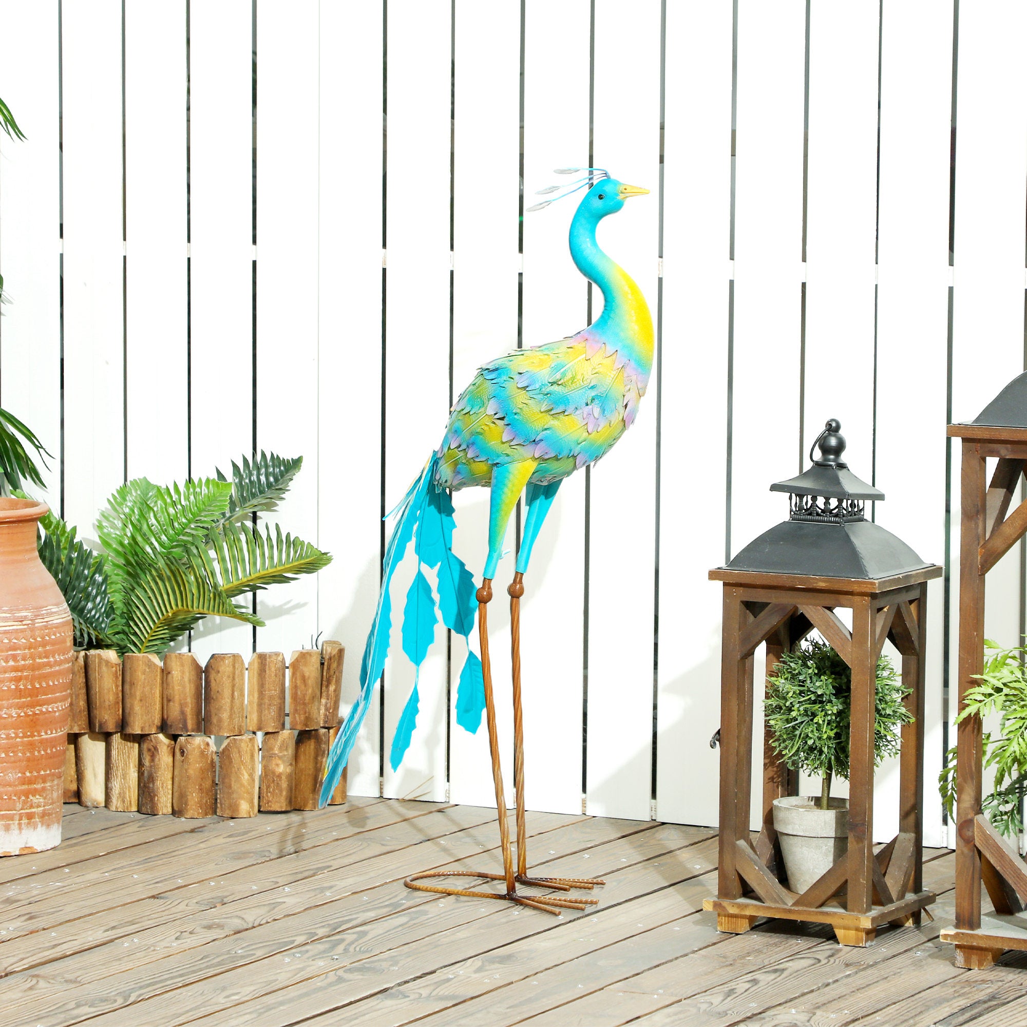 Peacock Garden Statue, Standing Metal Ornament with Stakes, Multi-Colour
