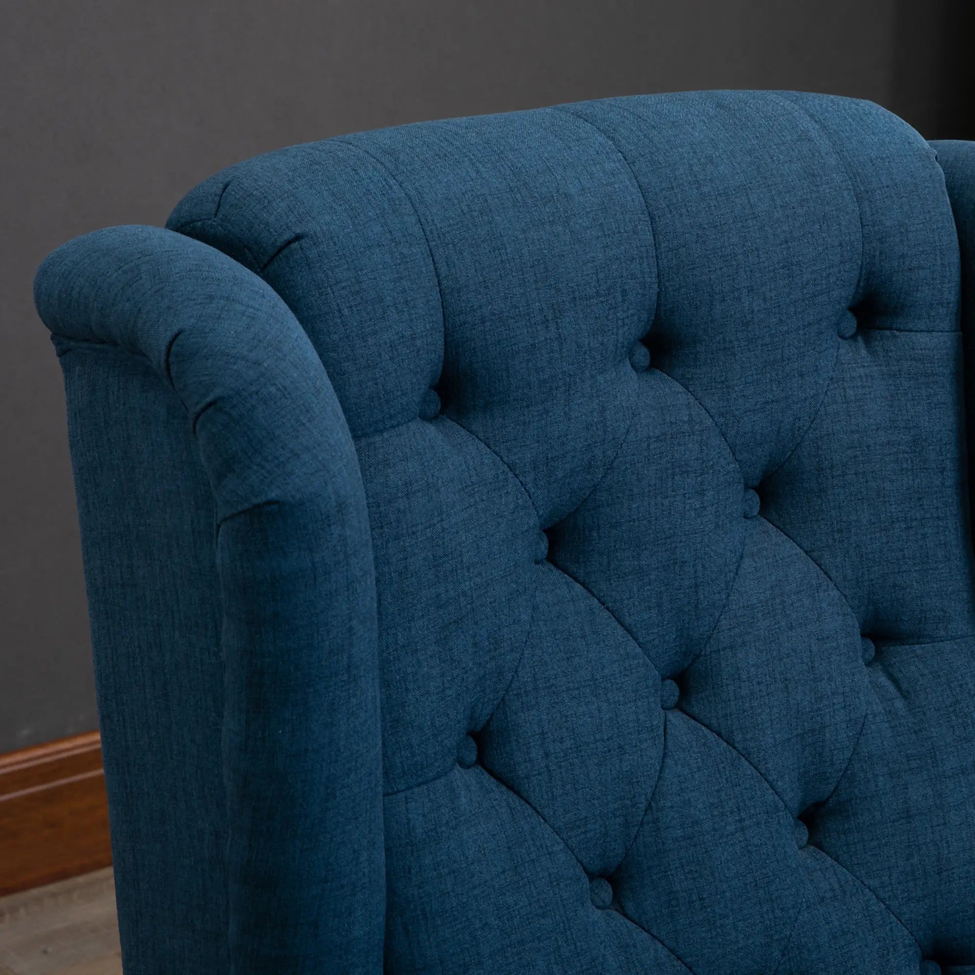 Tufted Wingback Chair High Backrest Rounded Armrests Wooden Legs Blue