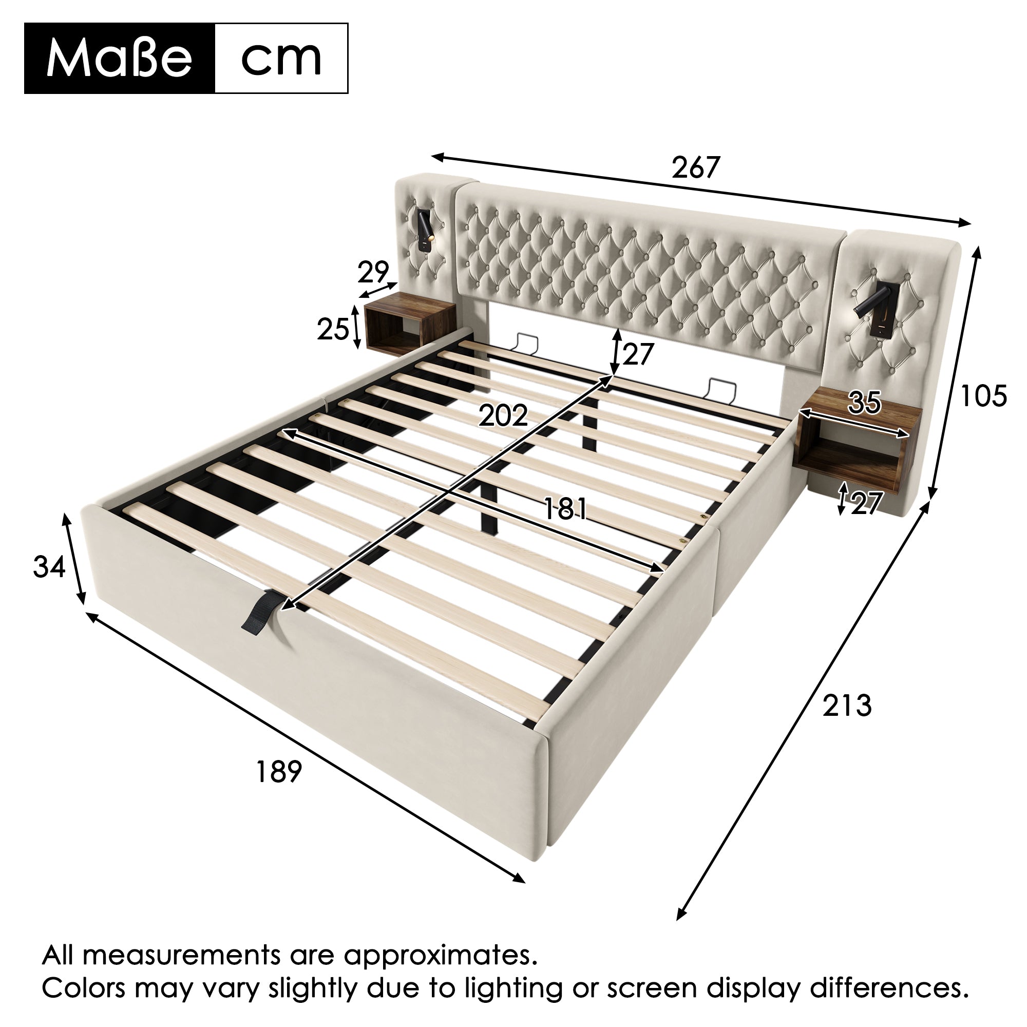 Complete Bedroom Bed Set, Upholstered Hydraulic Storage Double Bed 180x200cm with 2 Nightstands & USB Reading Light, Beige Velvet
