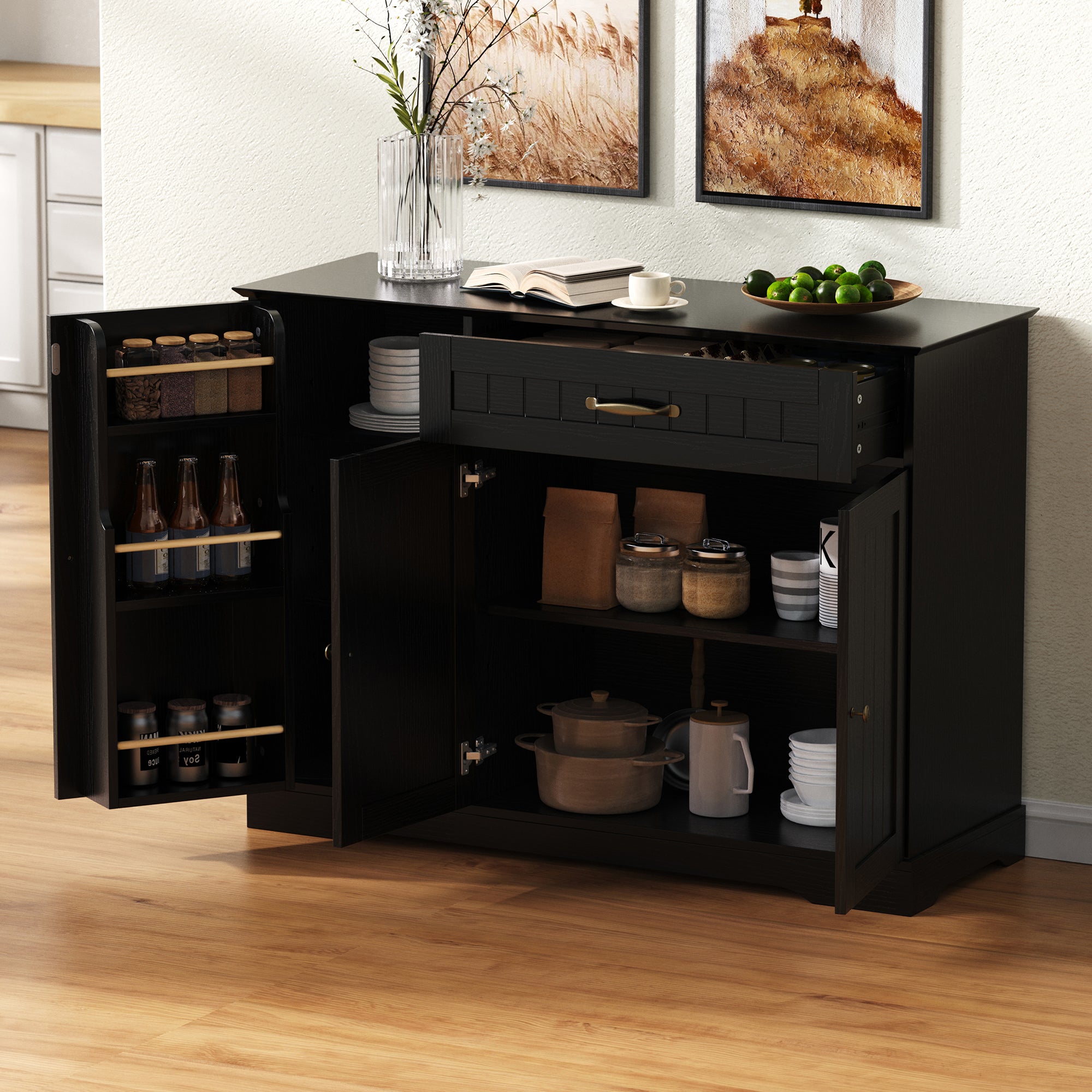 Sideboard Modern Elegant 3 Doors 1 Drawer - Black