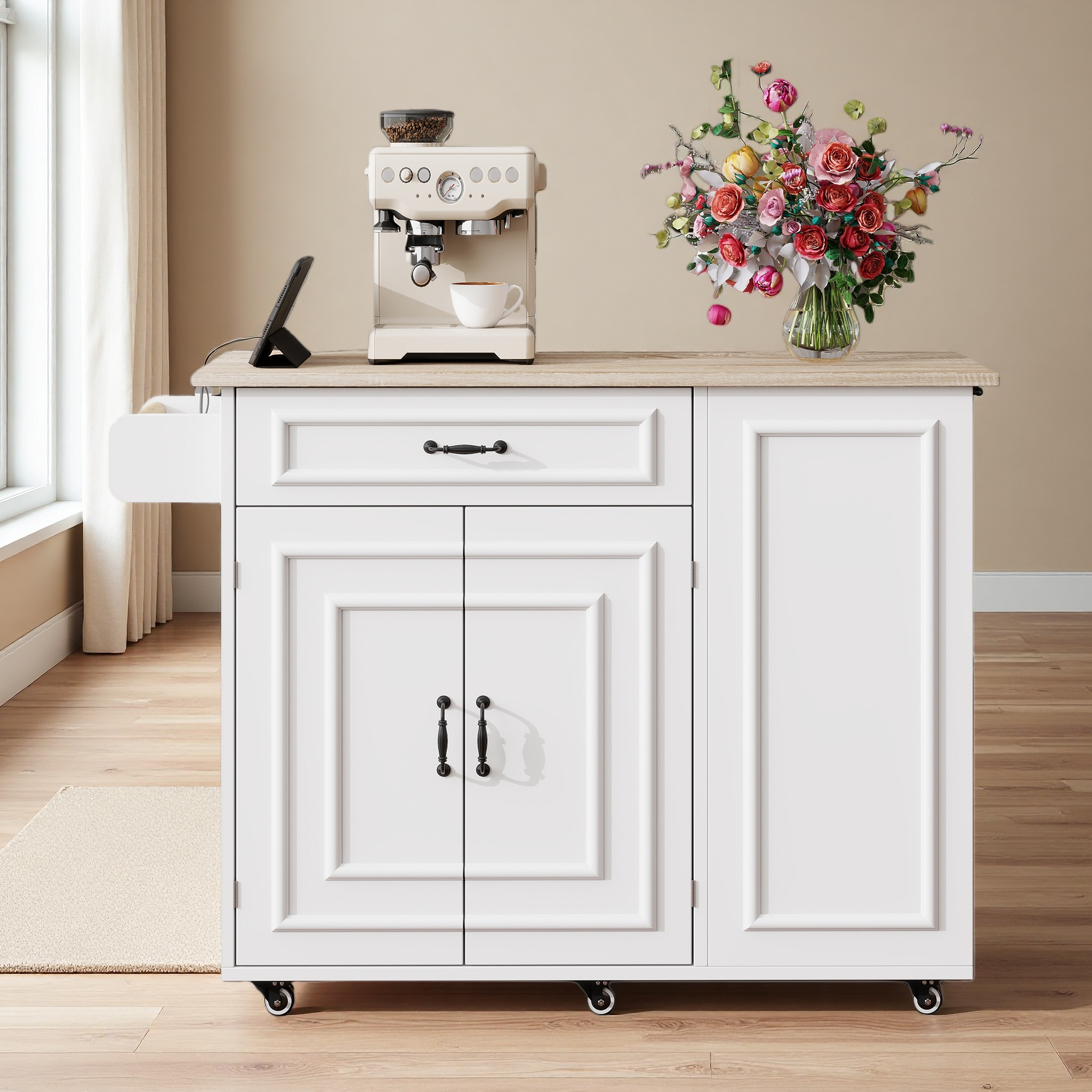 Kitchen Island with Power Outlet, Storage & Work Surface - White