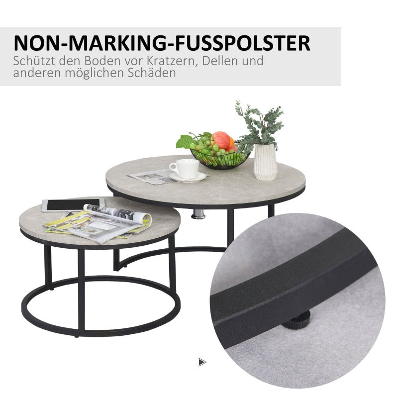 Coffee Table Set - 2 Round Nesting Tables Industrial Metal Frame - Concrete Look/Black