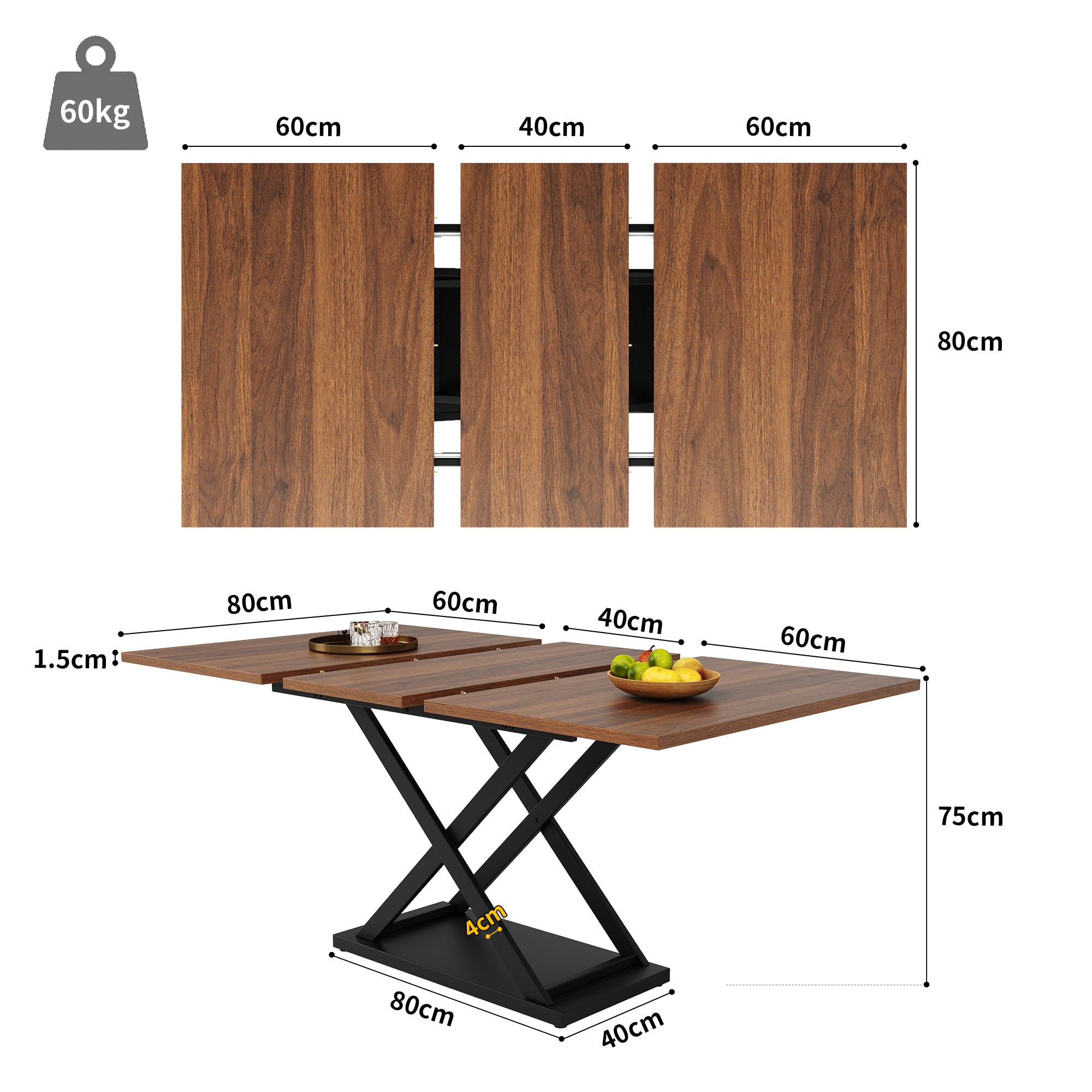 Dining Set, 5-Piece Extendable for 4, Black Velvet & Walnut