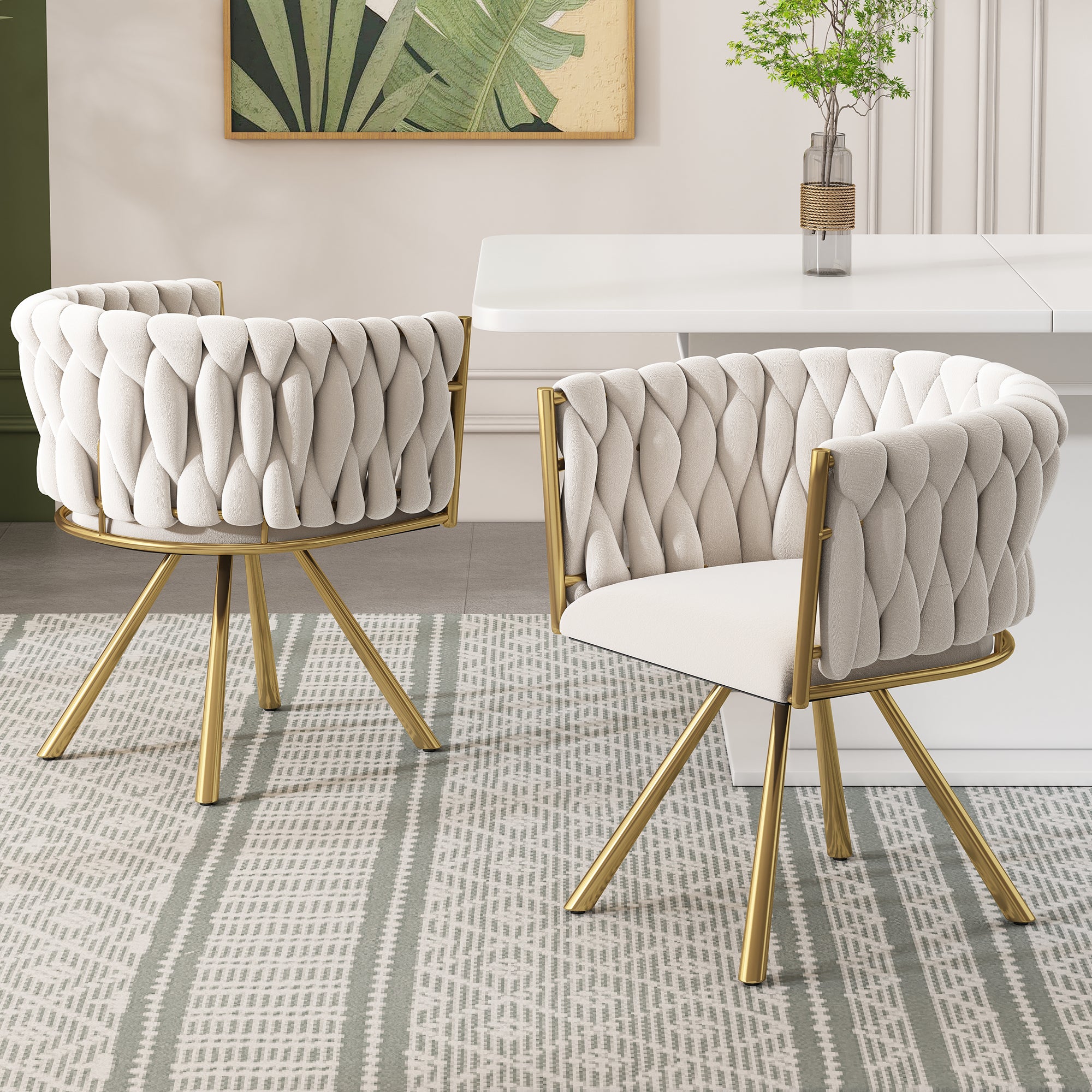 Velvet Dining Chair Set of 2, Swivel Chair with Metal Support Legs, Beige and Gold