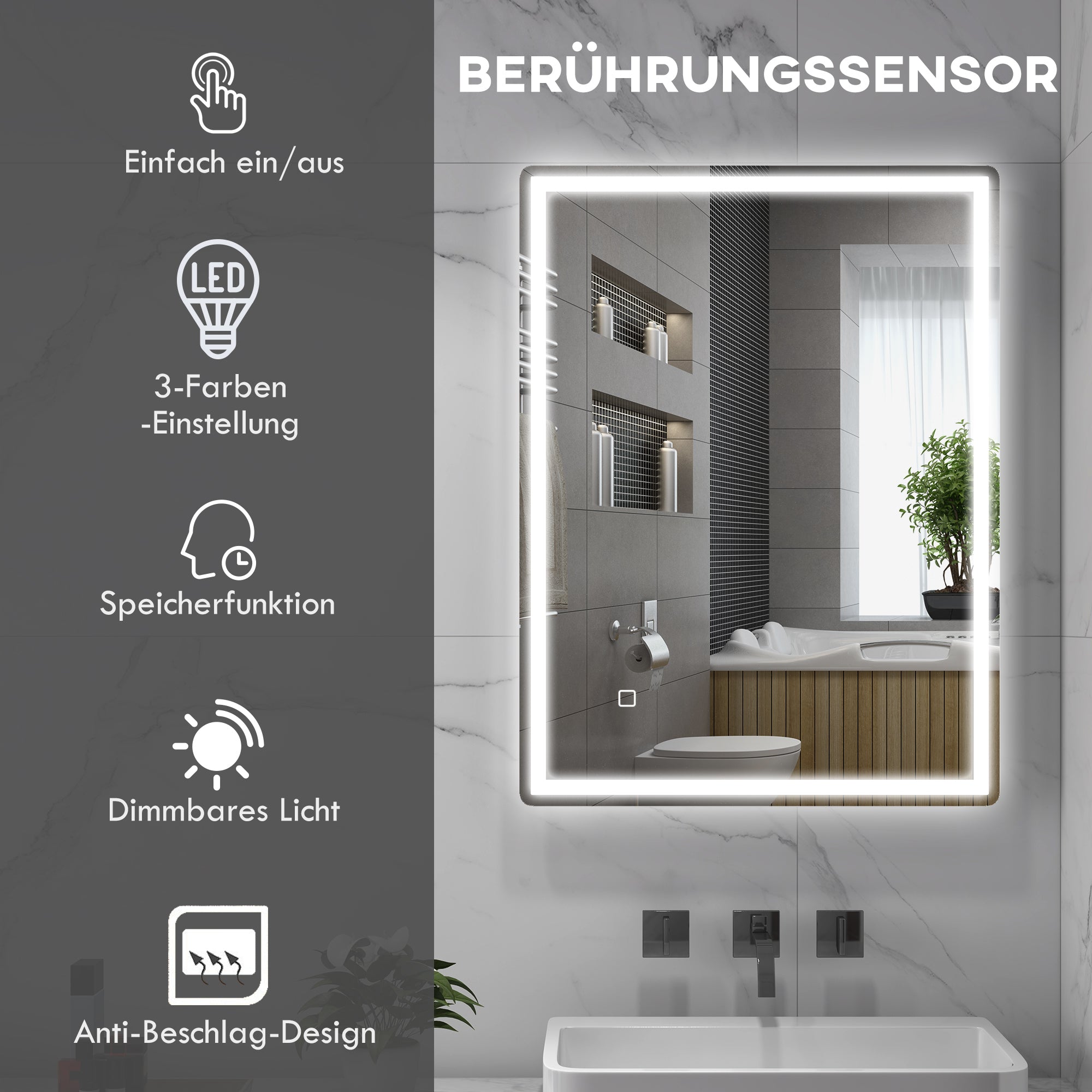 Dimmable Bathroom Mirror 80x60cm Memory Anti-Fog Surface, Glass