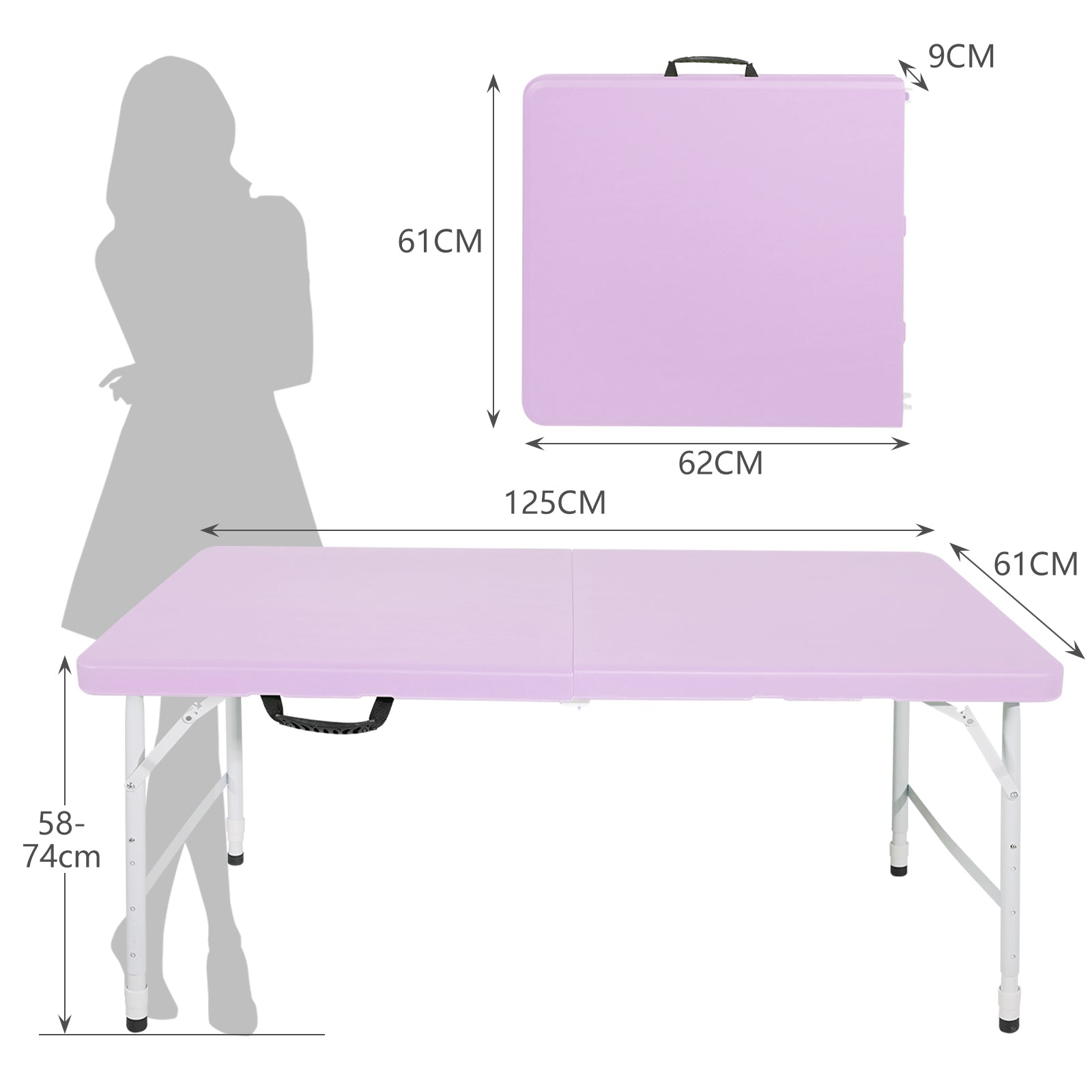 Portable Folding Table 125cm, Adjustable Height, Purple