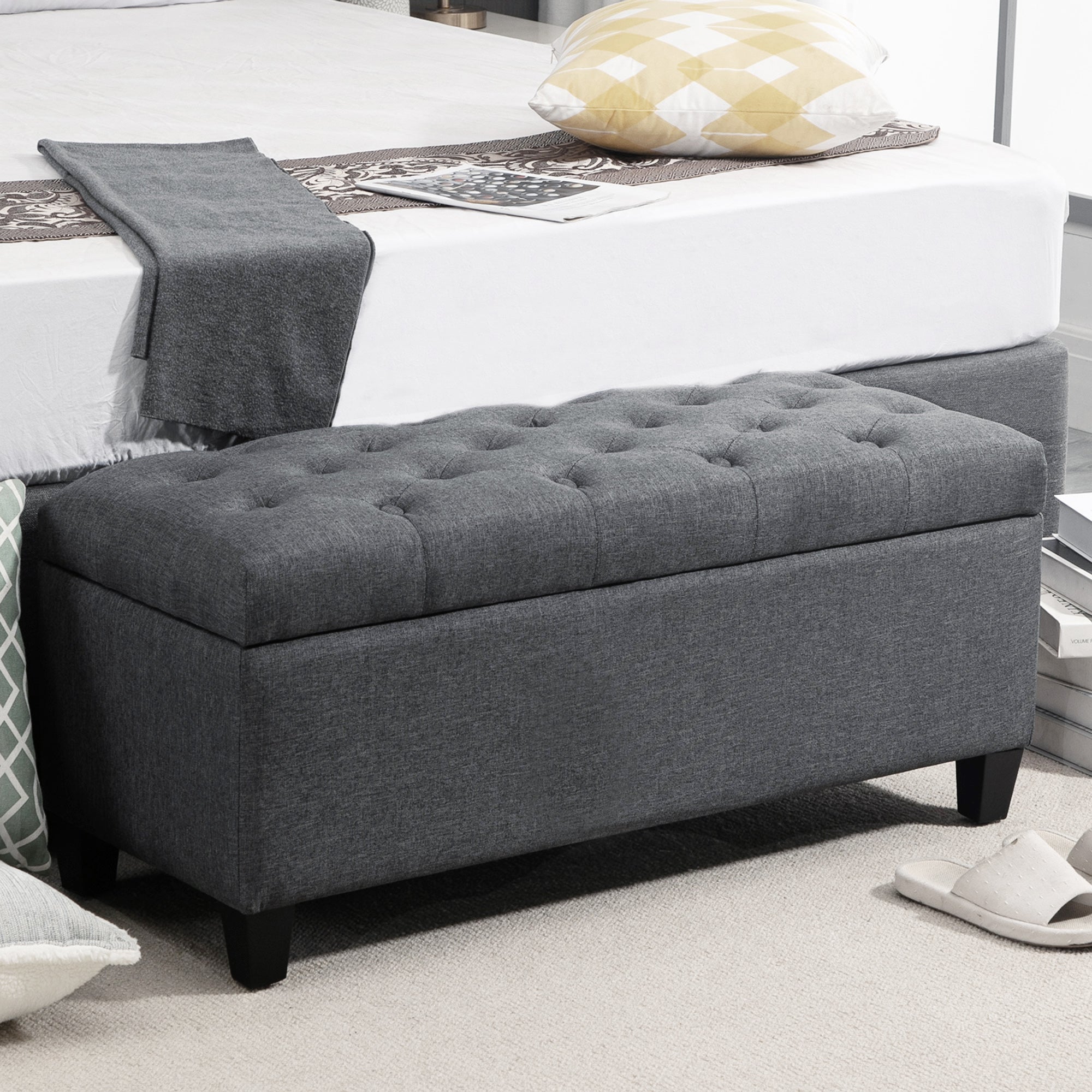 Upholstered Bench with Storage Space 100x40x44 cm, Dark Grey Polyester/Rubberwood